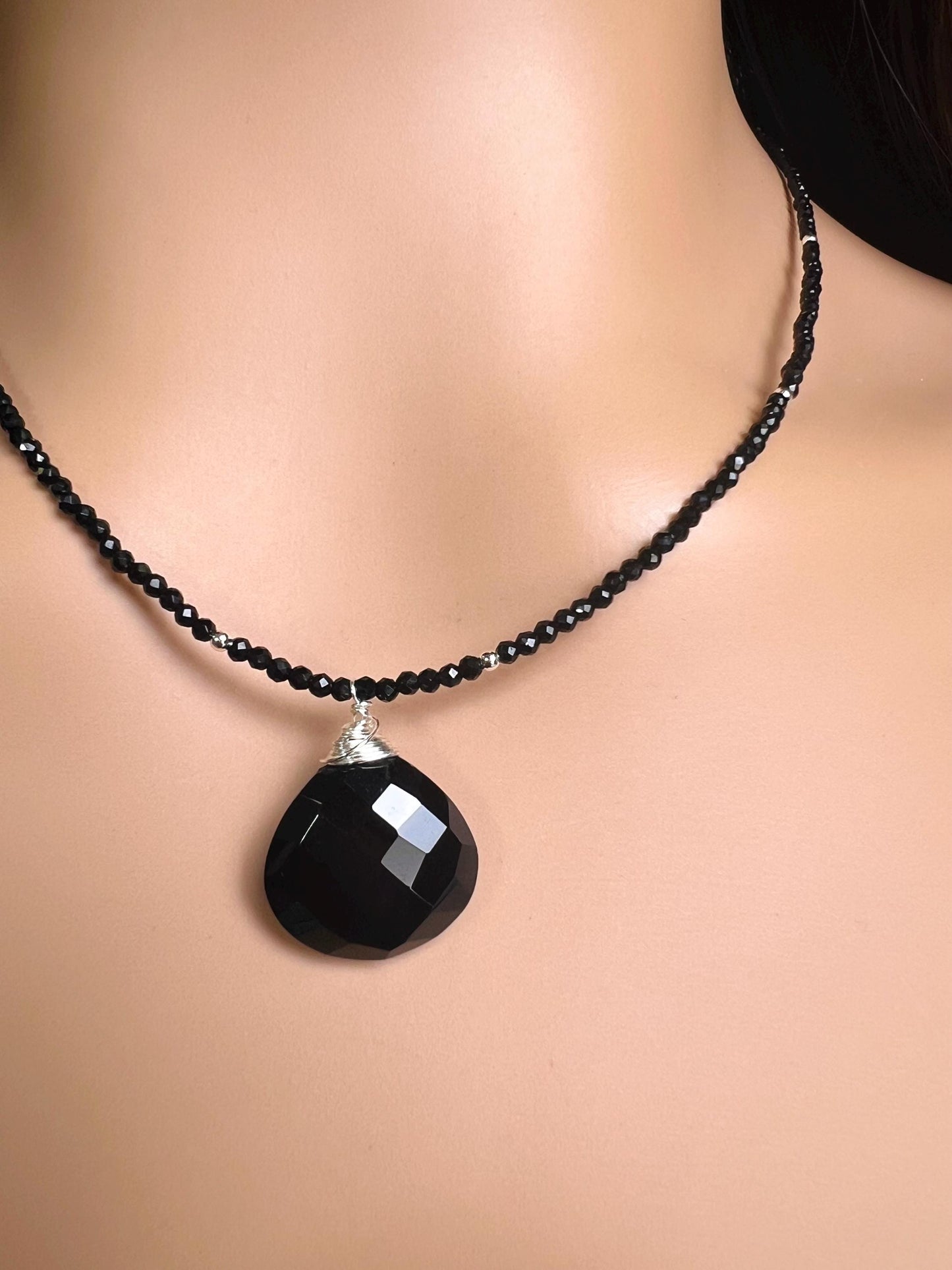 Genuine Black Spinel bead and heart pendant Necklace , graduation,Layering Necklace 14" to 48"