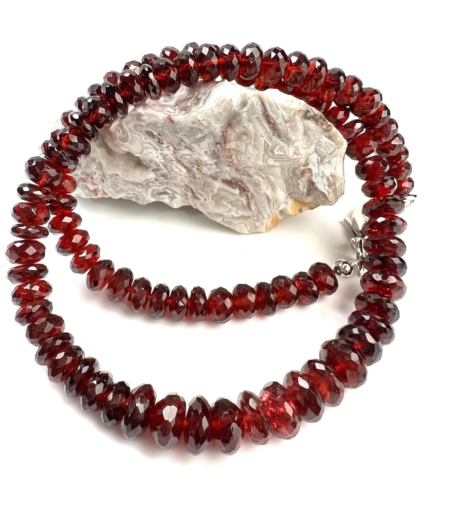 AAA Garnet Graduated Rondelle Necklace, Rhodium Sterling Silver Clasp. 6.5-8mm large garnet