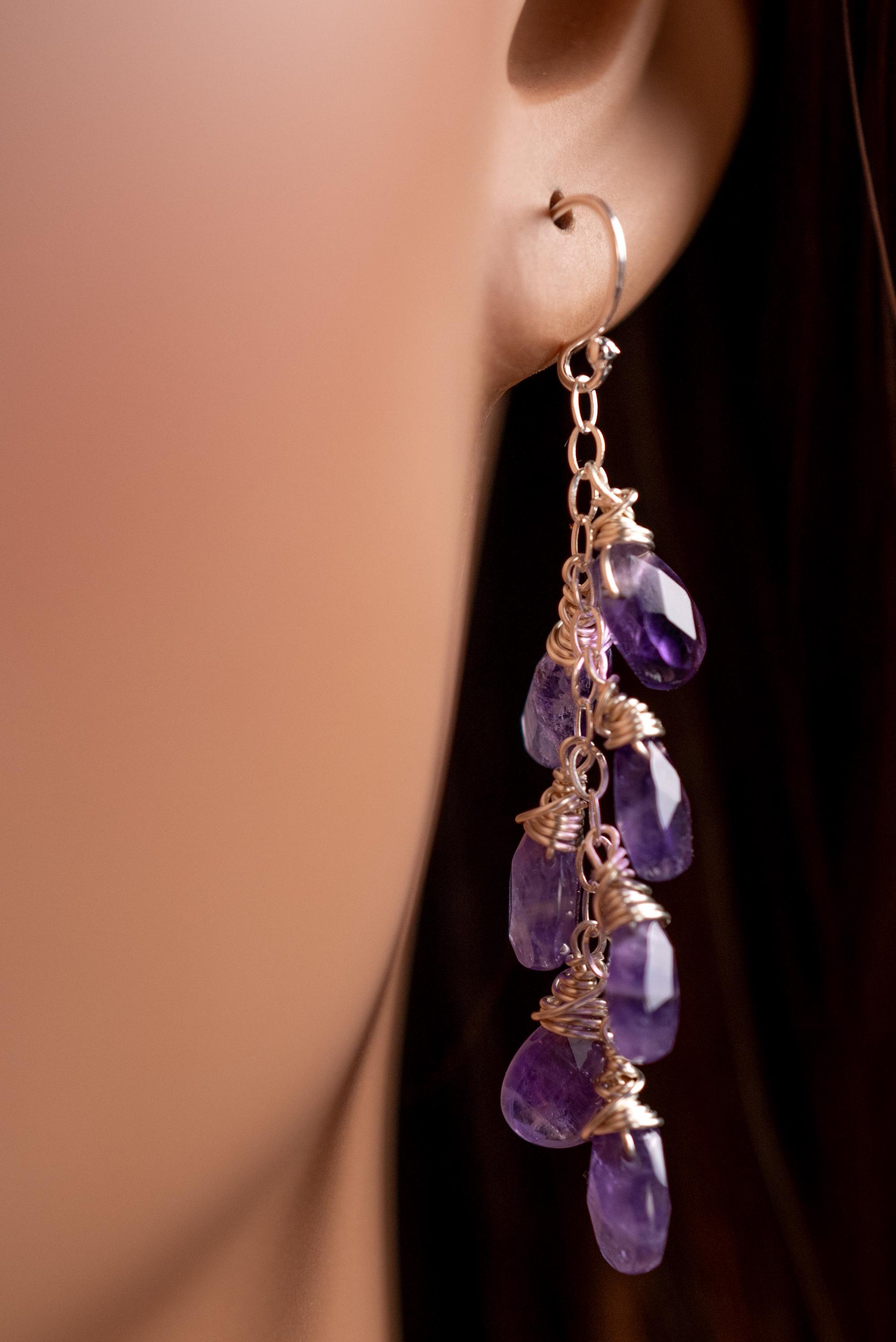 Natural Brazilian Amethyst Cascade Drop Earrings, 925 Sterling Silver Handmade gemstone gift