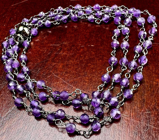 Natural Amethyst 3- 3.5mm faceted rosary chain black oxidized wire wrapped wrap around bracelet or necklace with small mag clasp
