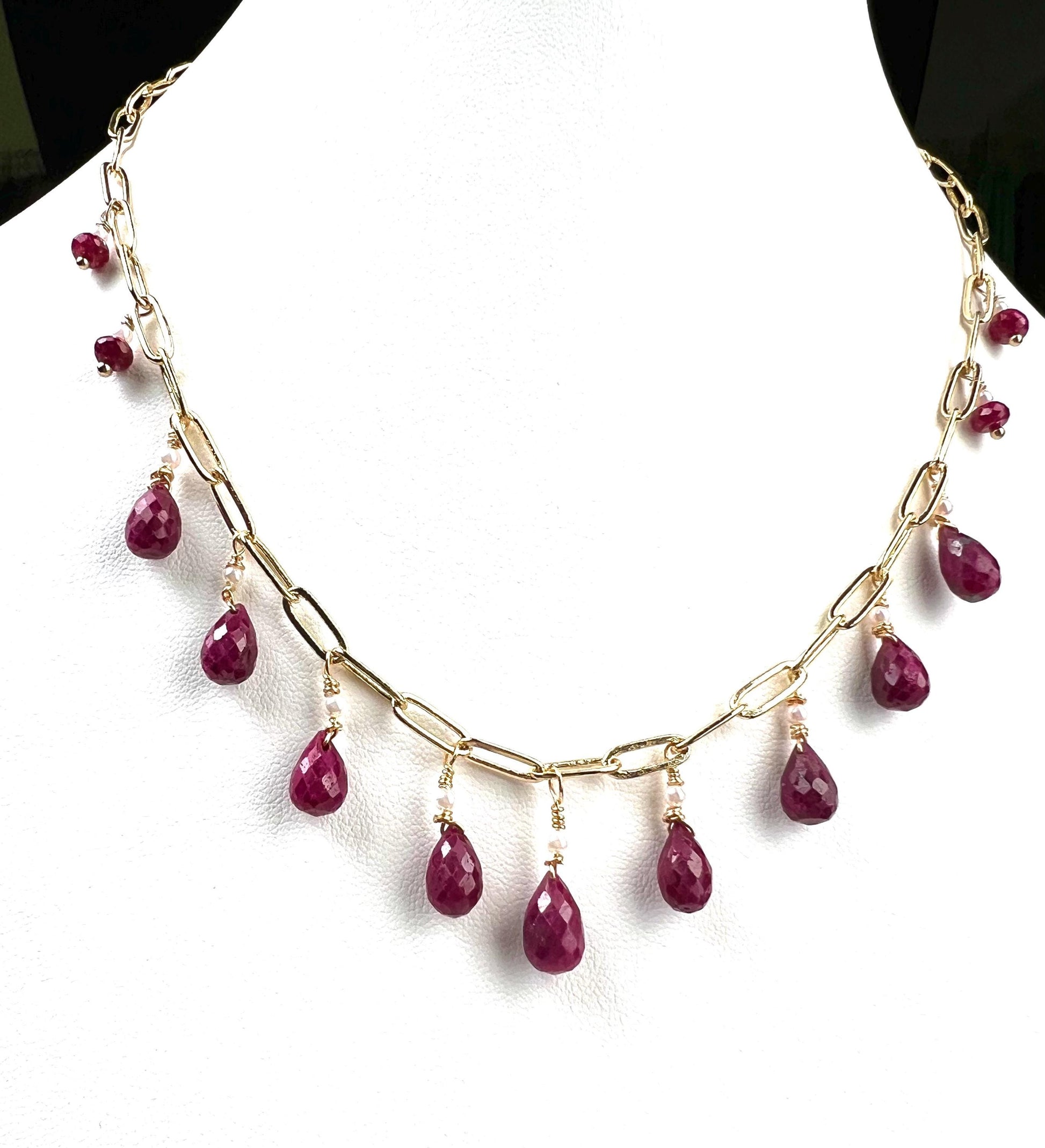 Natural Ruby red Faceted Drop Wire Wrapped Dangling 14k Gold Filled Handmade Necklace. Precious Elegant gift unity