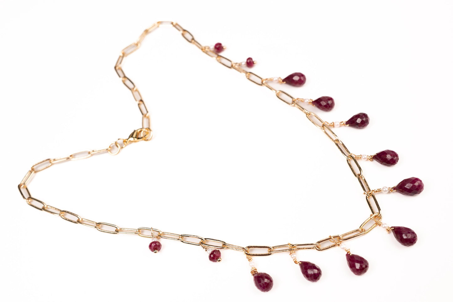 Natural Ruby red Faceted Drop Wire Wrapped Dangling 14k Gold Filled Handmade Necklace. Precious Elegant gift unity