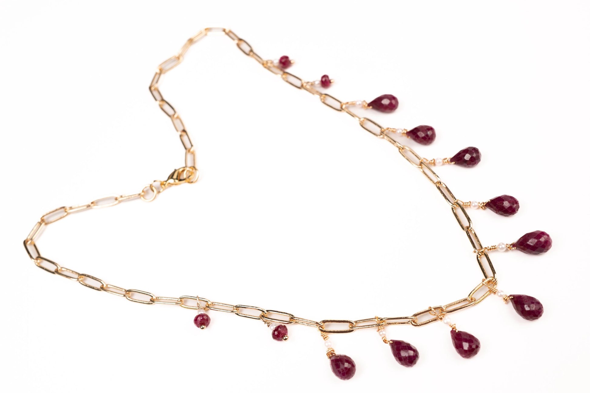 Natural Ruby red Faceted Drop Wire Wrapped Dangling 14k Gold Filled Handmade Necklace. Precious Elegant gift unity