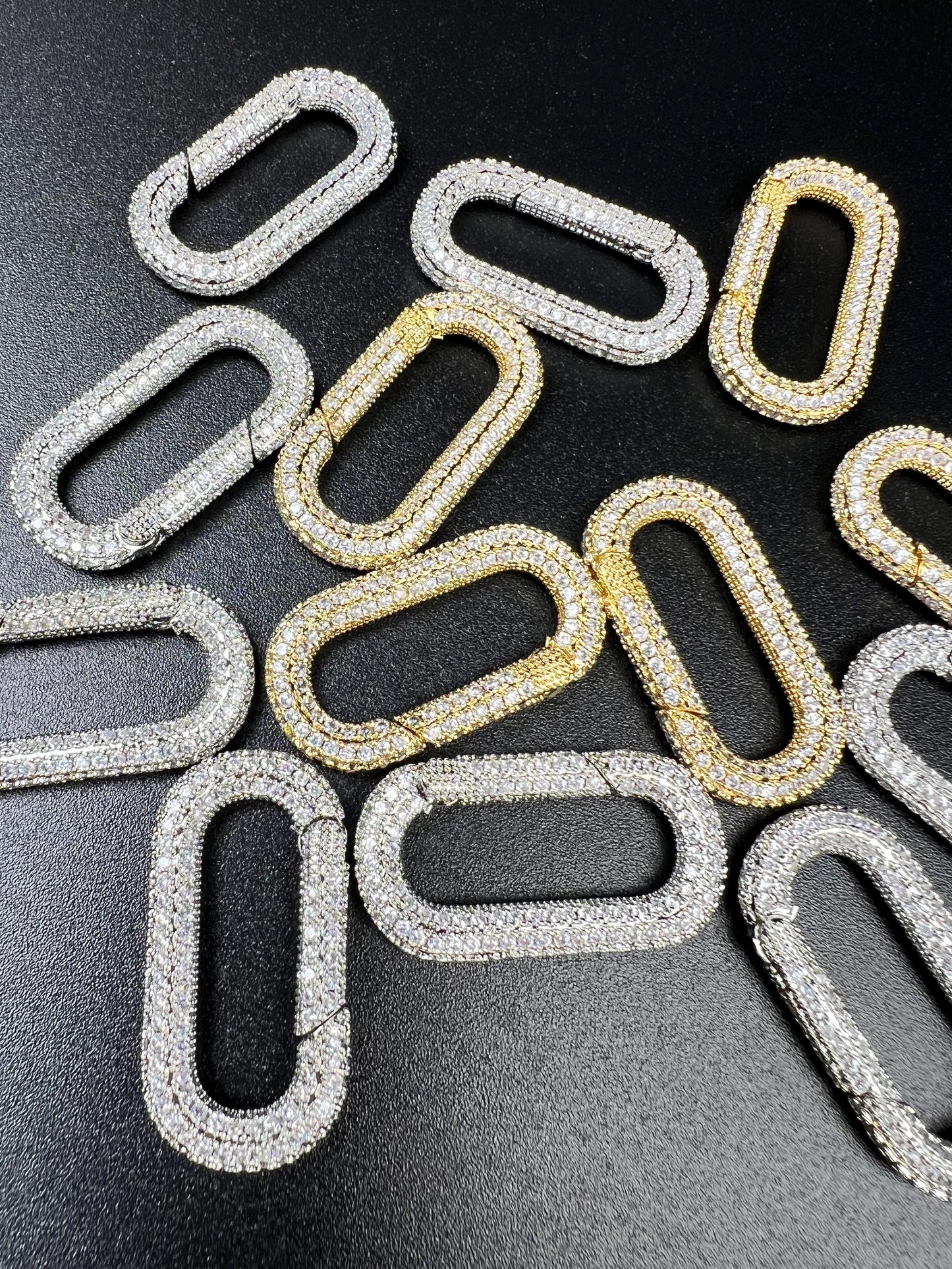 Cubic Zirconia CZ Diamond Micro Pave Push In Carabiner Clasp double sided Diamond setting Jewelry making fancy clasp 1pc, 30mm Long