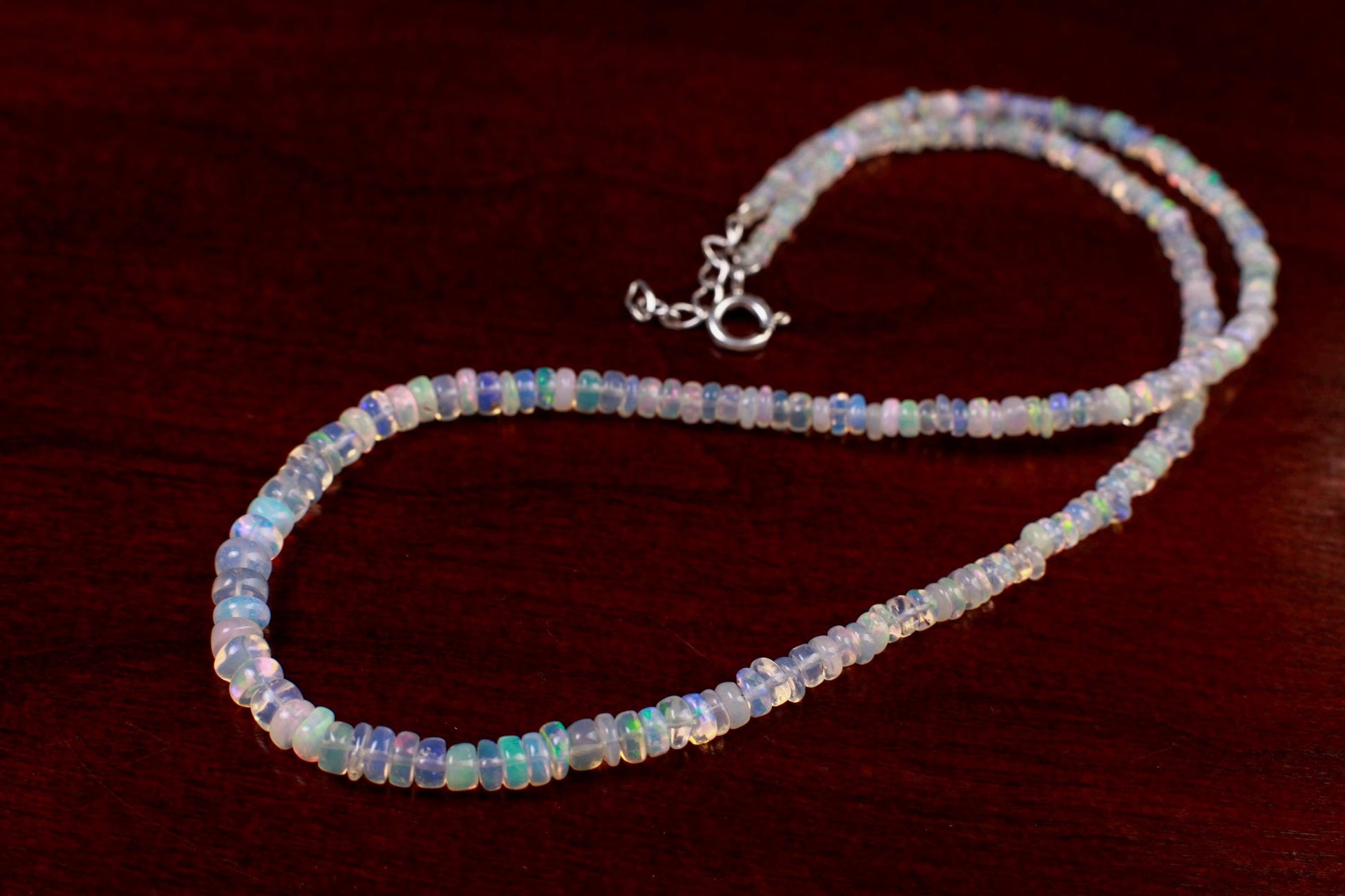 Genuine Ethiopian Fire Opal, Welo Opal 3-5mm Graduated AAA quality Fiery Opal 925 Sterling Silver Necklace with 1" Extender, 925 Stamped