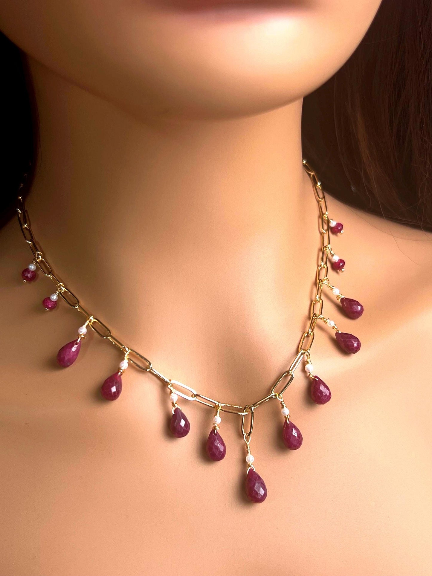 Natural Ruby red Faceted Drop Wire Wrapped Dangling 14k Gold Filled Handmade Necklace. Precious Elegant gift unity