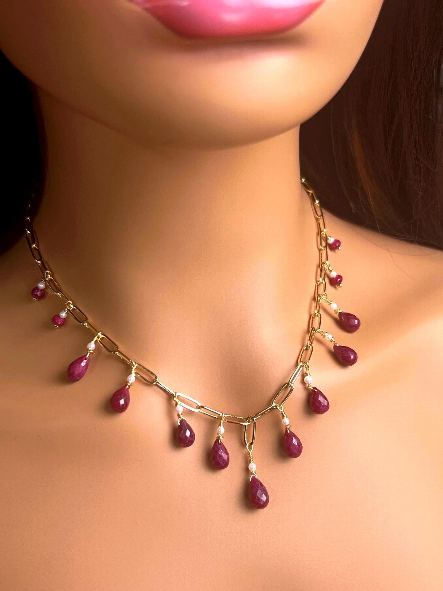 Natural Ruby red Faceted Drop Wire Wrapped Dangling 14k Gold Filled Handmade Necklace. Precious Elegant gift unity