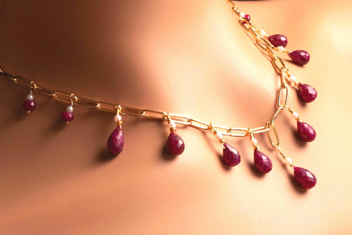 Natural Ruby red Faceted Drop Wire Wrapped Dangling 14k Gold Filled Handmade Necklace. Precious Elegant gift unity