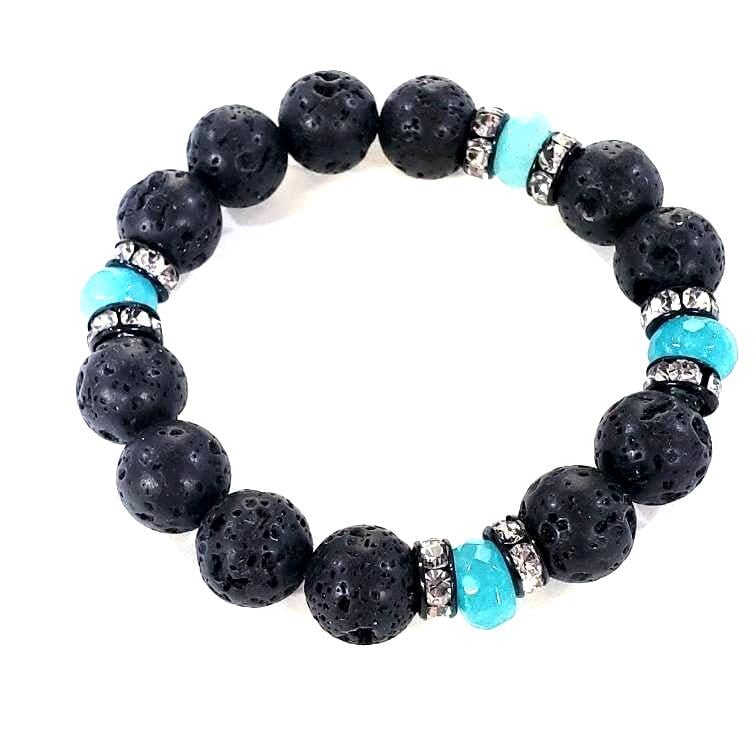 Natural lava 10mm round bead accent with ocean blue quartz and rhinestones roundel stretchy Bracelet. Healing crystal Chakra gift .