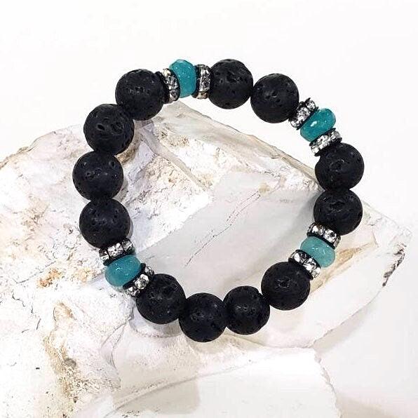 Natural lava 10mm round bead accent with ocean blue quartz and rhinestones roundel stretchy Bracelet. Healing crystal Chakra gift .