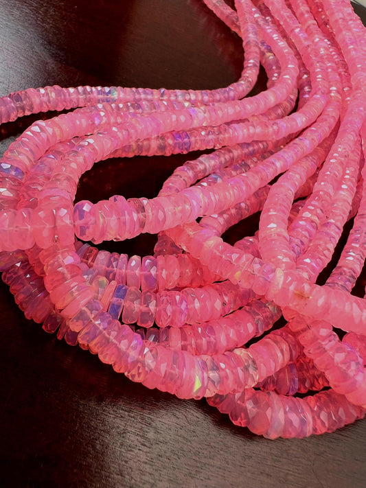 Pink Ethiopian opal fire Opal Welo Opal Faceted Heishi sweet pink roundel 4.5-6.5mm AAA quality fiery Opal bead 15” Full strand
