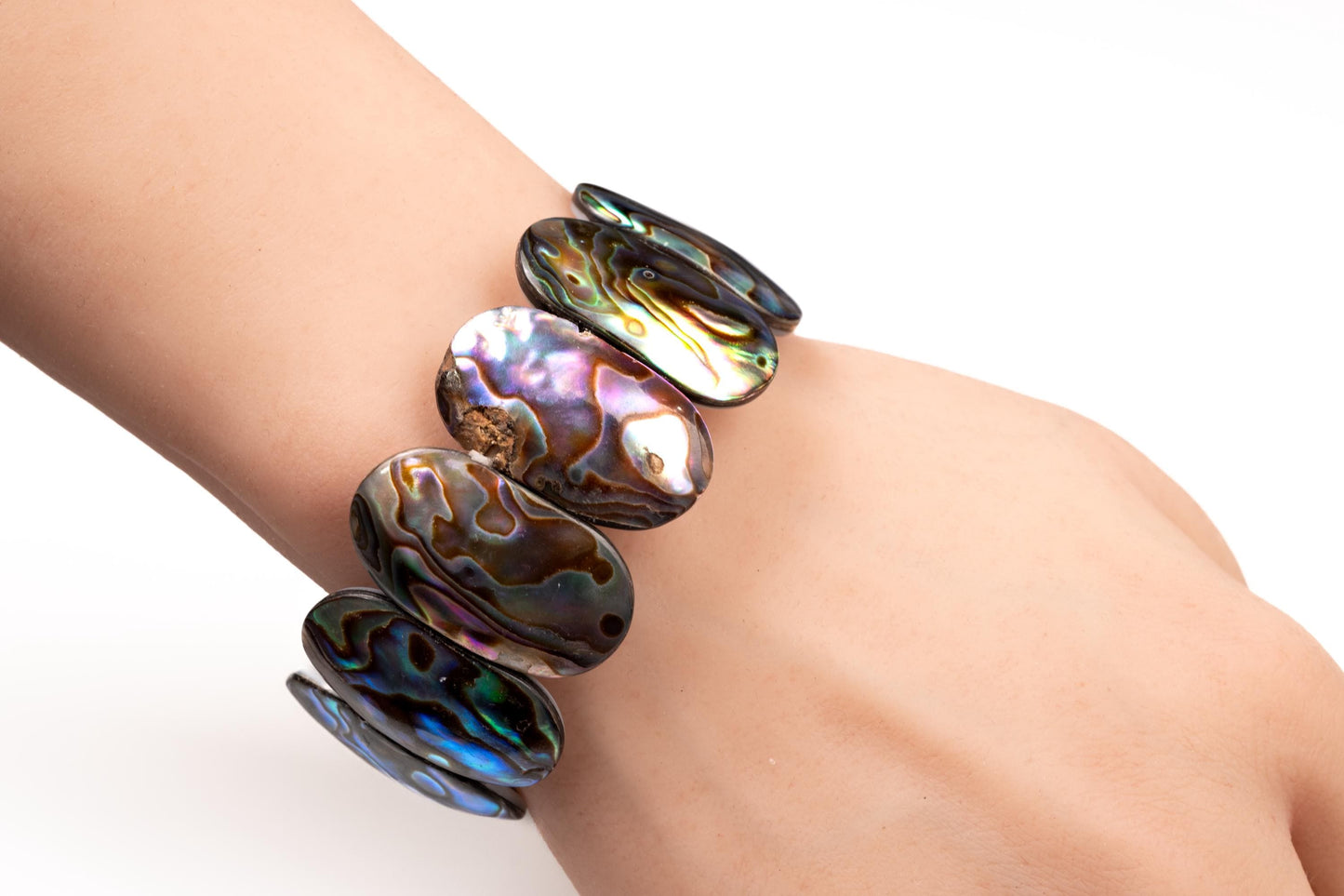 Genuine Abalone Paua Shell 16mm Double Drilled Vintage 7" Elastic Stretchy Bracelet