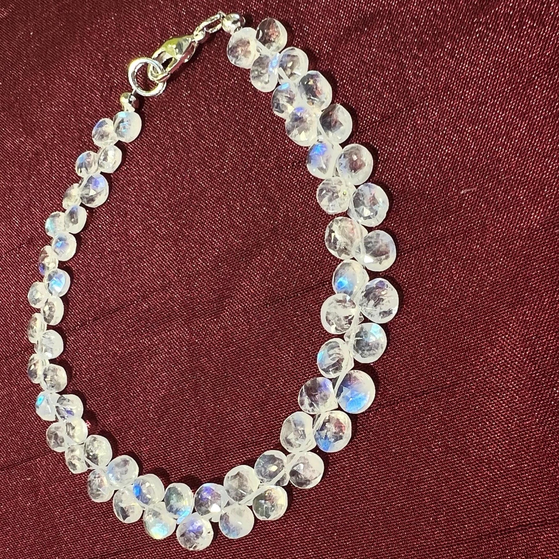 Natural Rainbow Moonstone Heart Shape Diamond cut Faceted Drop Gemstone 925 Sterling Silver Bracelet. AAA Quality Hsndmade Gift.