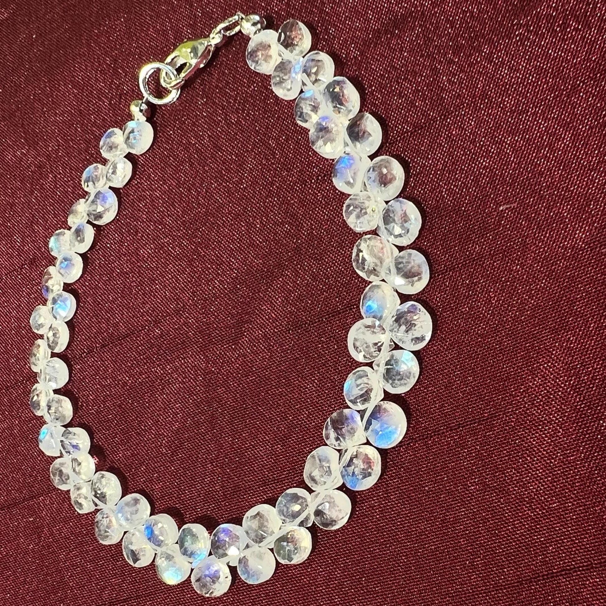 Natural Rainbow Moonstone Heart Shape Diamond cut Faceted Drop Gemstone 925 Sterling Silver Bracelet. AAA Quality Hsndmade Gift.