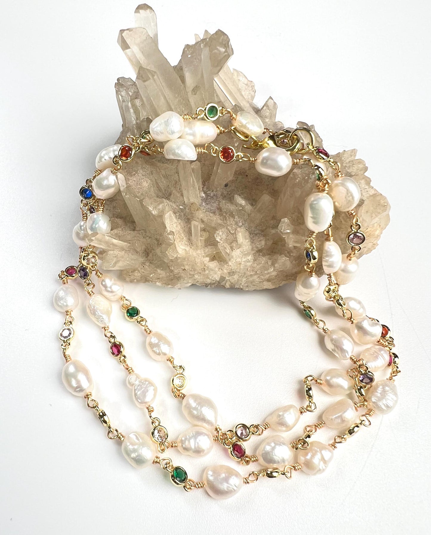 Natural Freshwater Pearl with ruby emerald Amethyst CZ diamond Spacer handmade 18k gold vermeil necklace