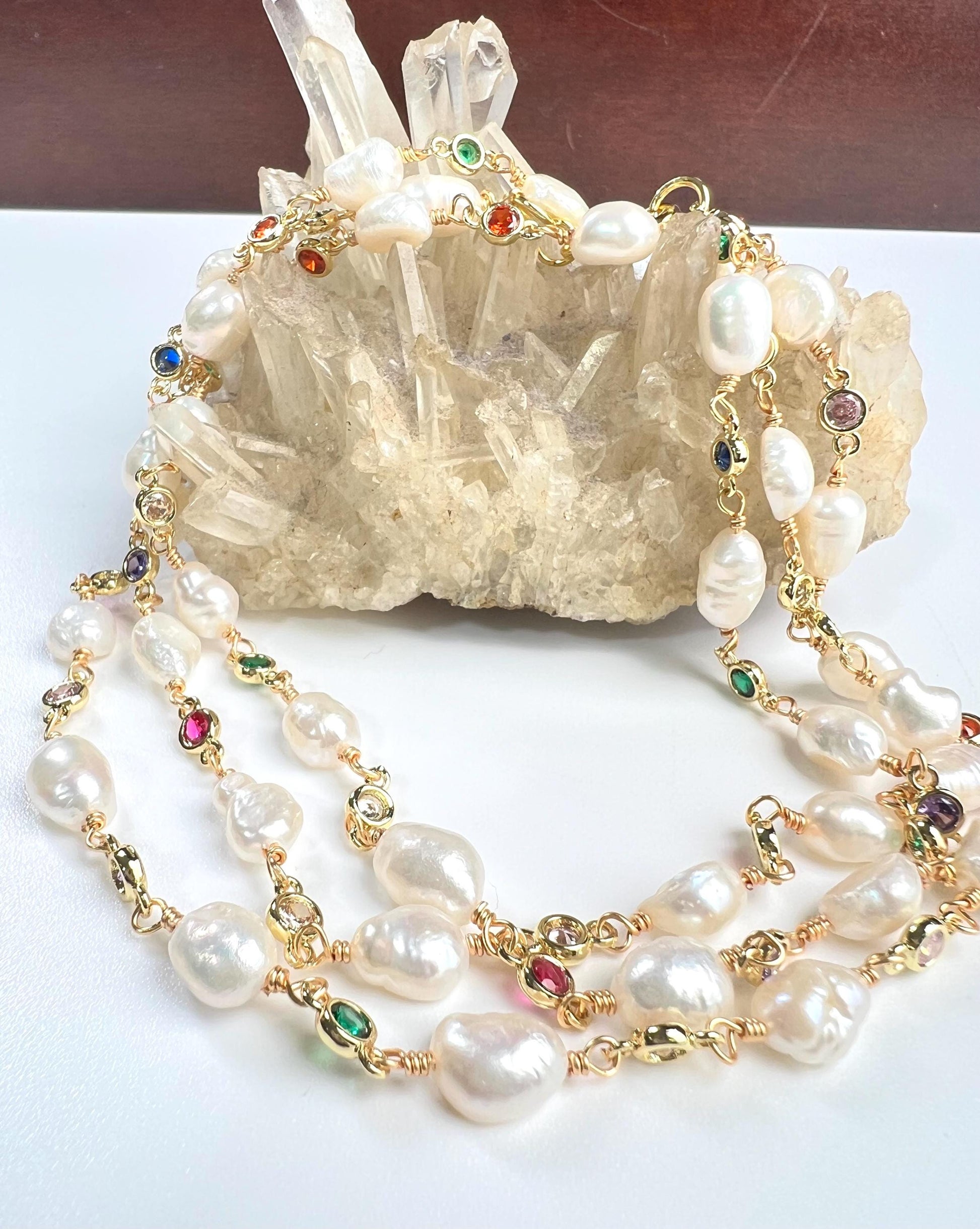 Natural Freshwater Pearl with ruby emerald Amethyst CZ diamond Spacer handmade 18k gold vermeil necklace