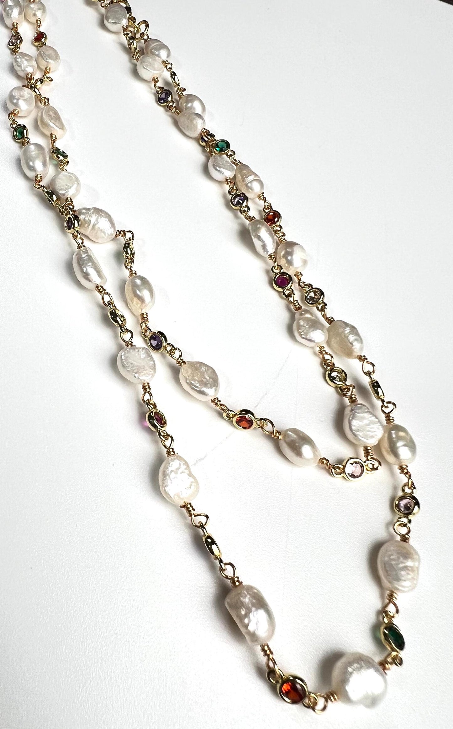 Natural Freshwater Pearl with ruby emerald Amethyst CZ diamond Spacer handmade 18k gold vermeil necklace