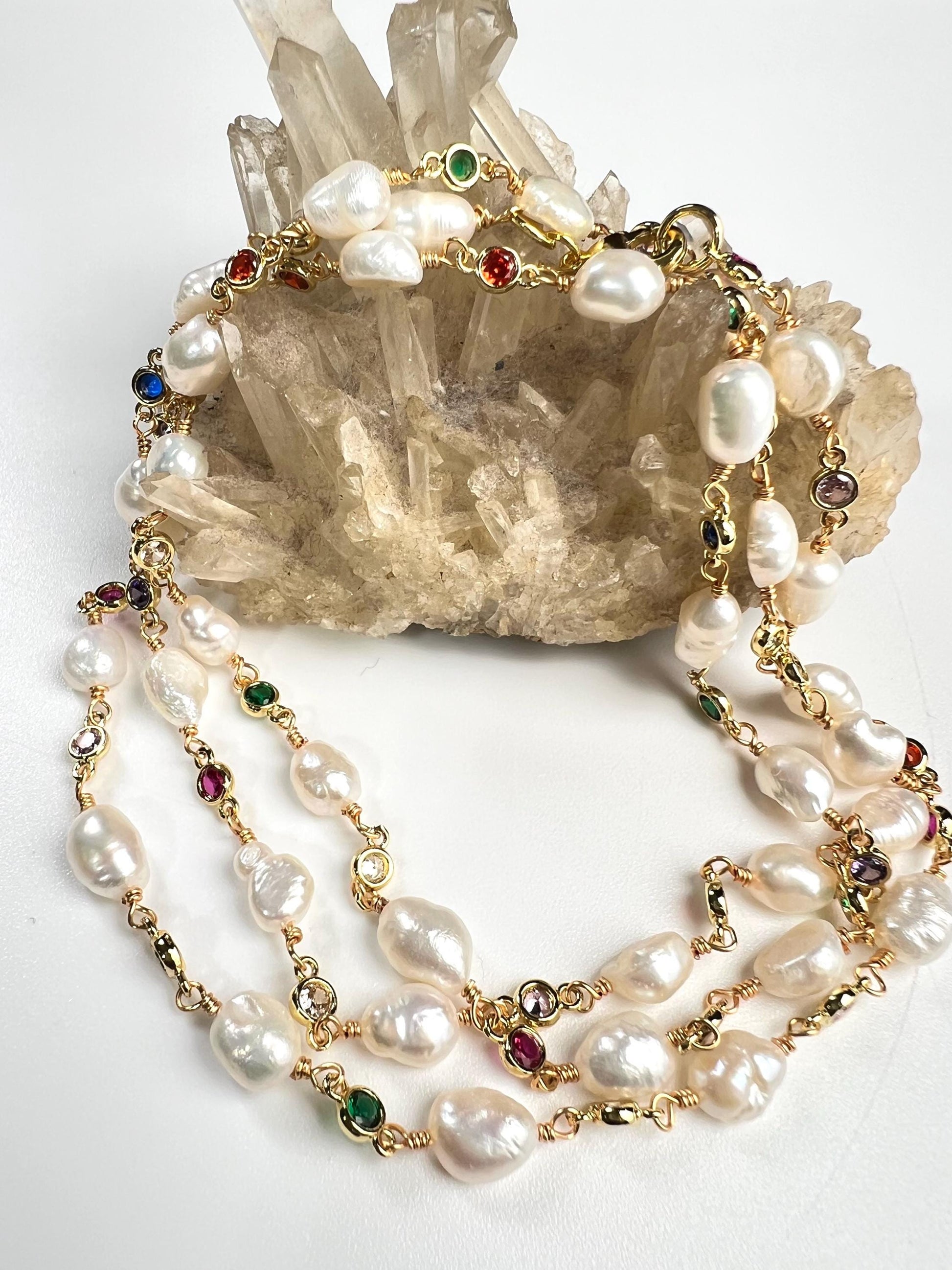 Natural Freshwater Pearl with ruby emerald Amethyst CZ diamond Spacer handmade 18k gold vermeil necklace