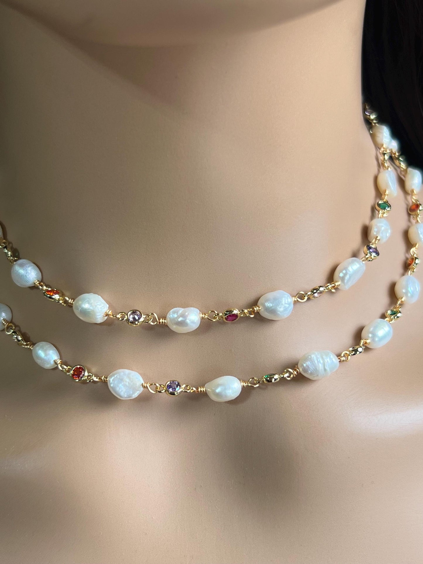 Natural Freshwater Pearl with ruby emerald Amethyst CZ diamond Spacer handmade 18k gold vermeil necklace