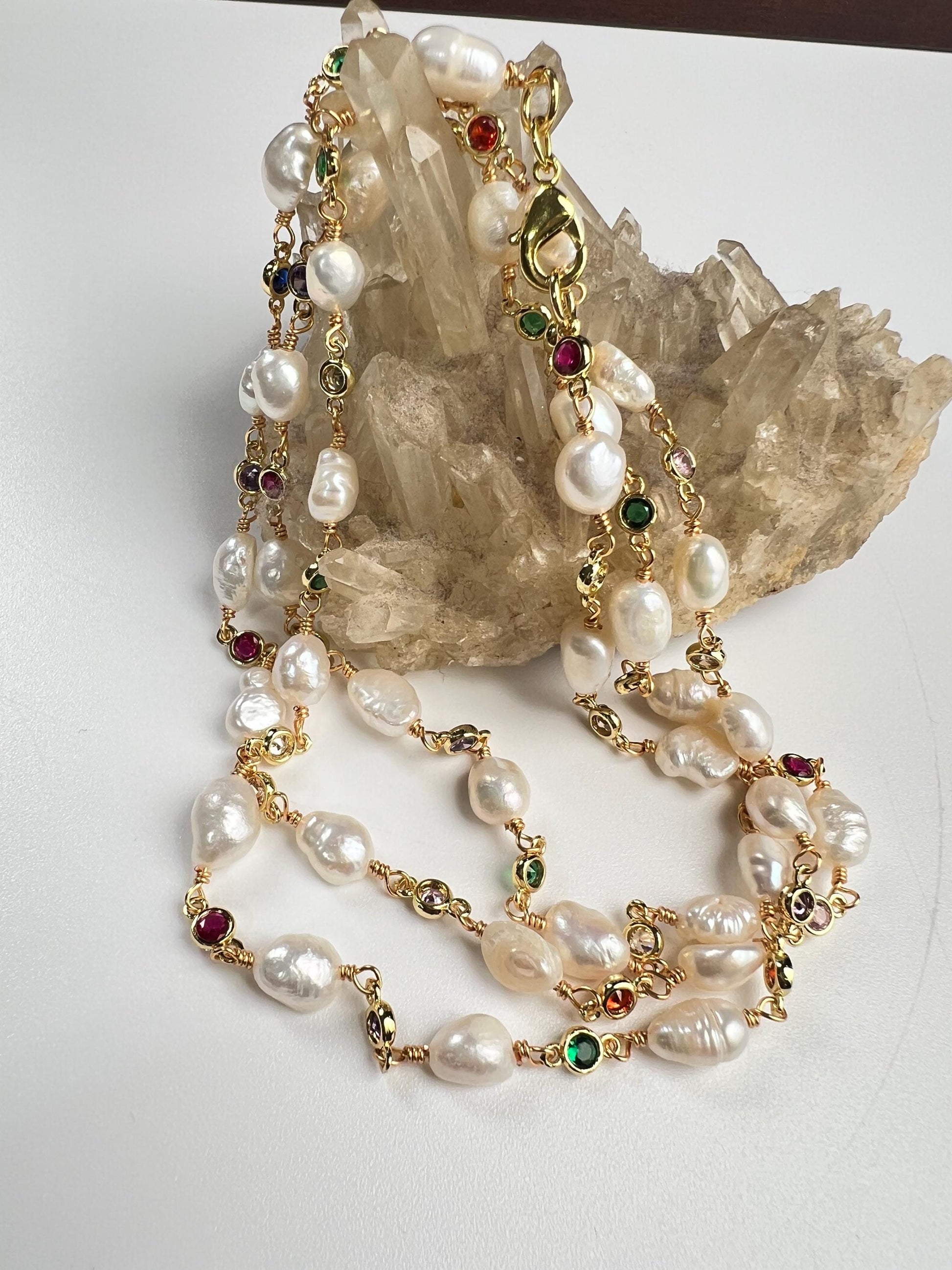 Natural Freshwater Pearl with ruby emerald Amethyst CZ diamond Spacer handmade 18k gold vermeil necklace