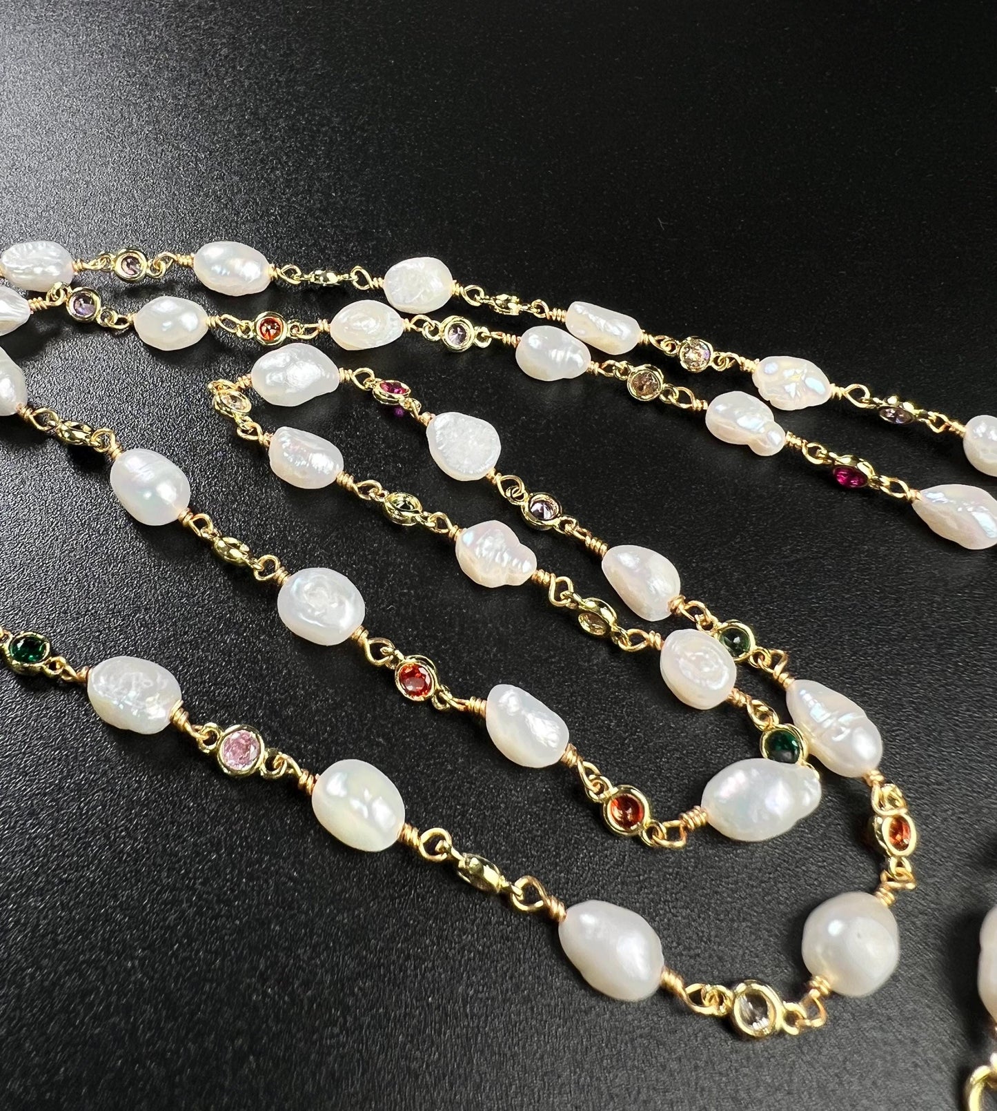 Natural Freshwater Pearl with ruby emerald Amethyst CZ diamond Spacer handmade 18k gold vermeil necklace