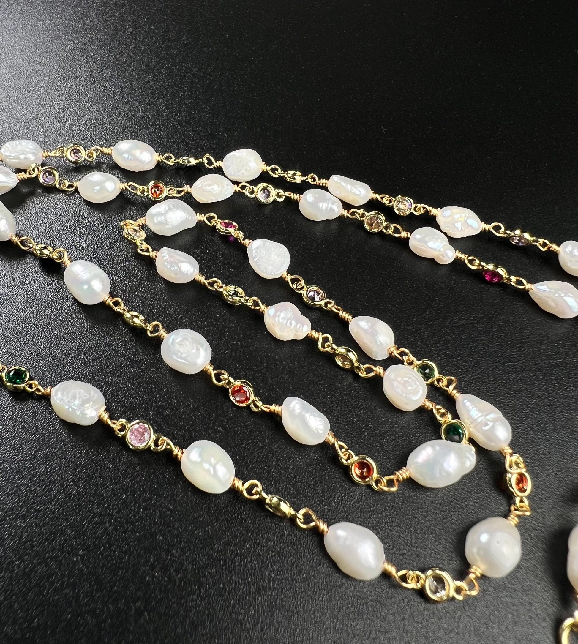 Natural Freshwater Pearl with ruby emerald Amethyst CZ diamond Spacer handmade 18k gold vermeil necklace