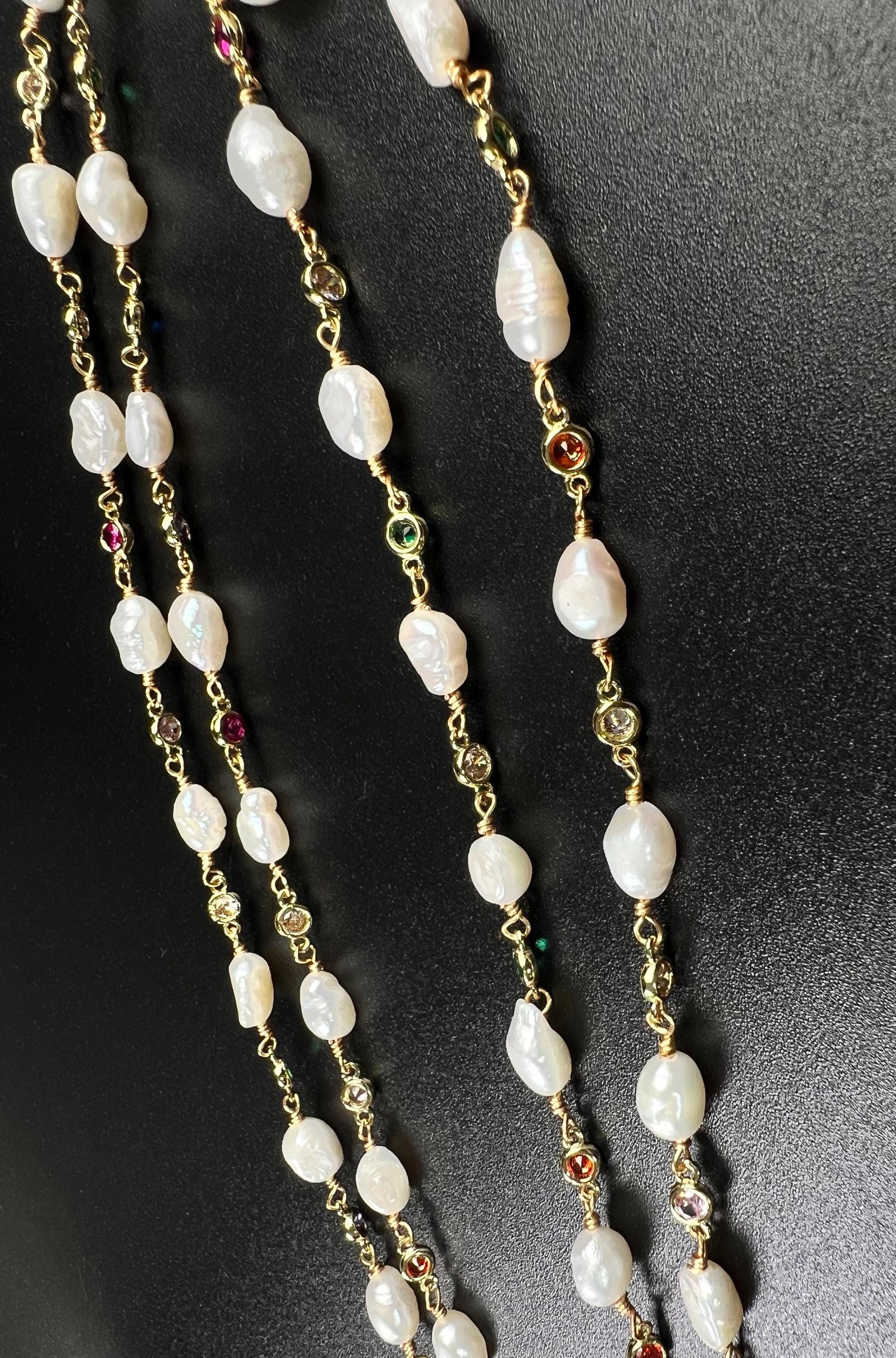 Natural Freshwater Pearl with ruby emerald Amethyst CZ diamond Spacer handmade 18k gold vermeil necklace