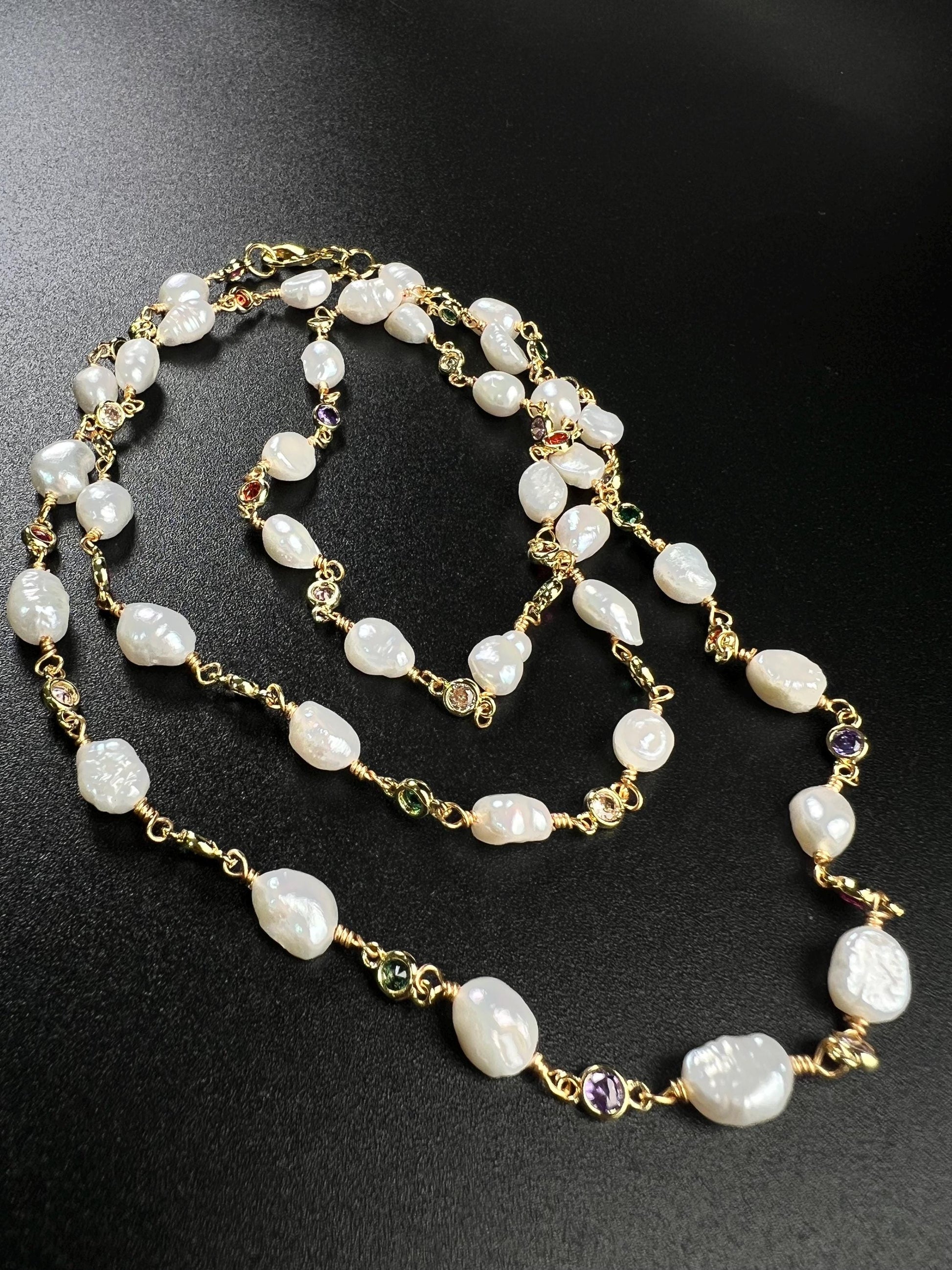 Natural Freshwater Pearl with ruby emerald Amethyst CZ diamond Spacer handmade 18k gold vermeil necklace