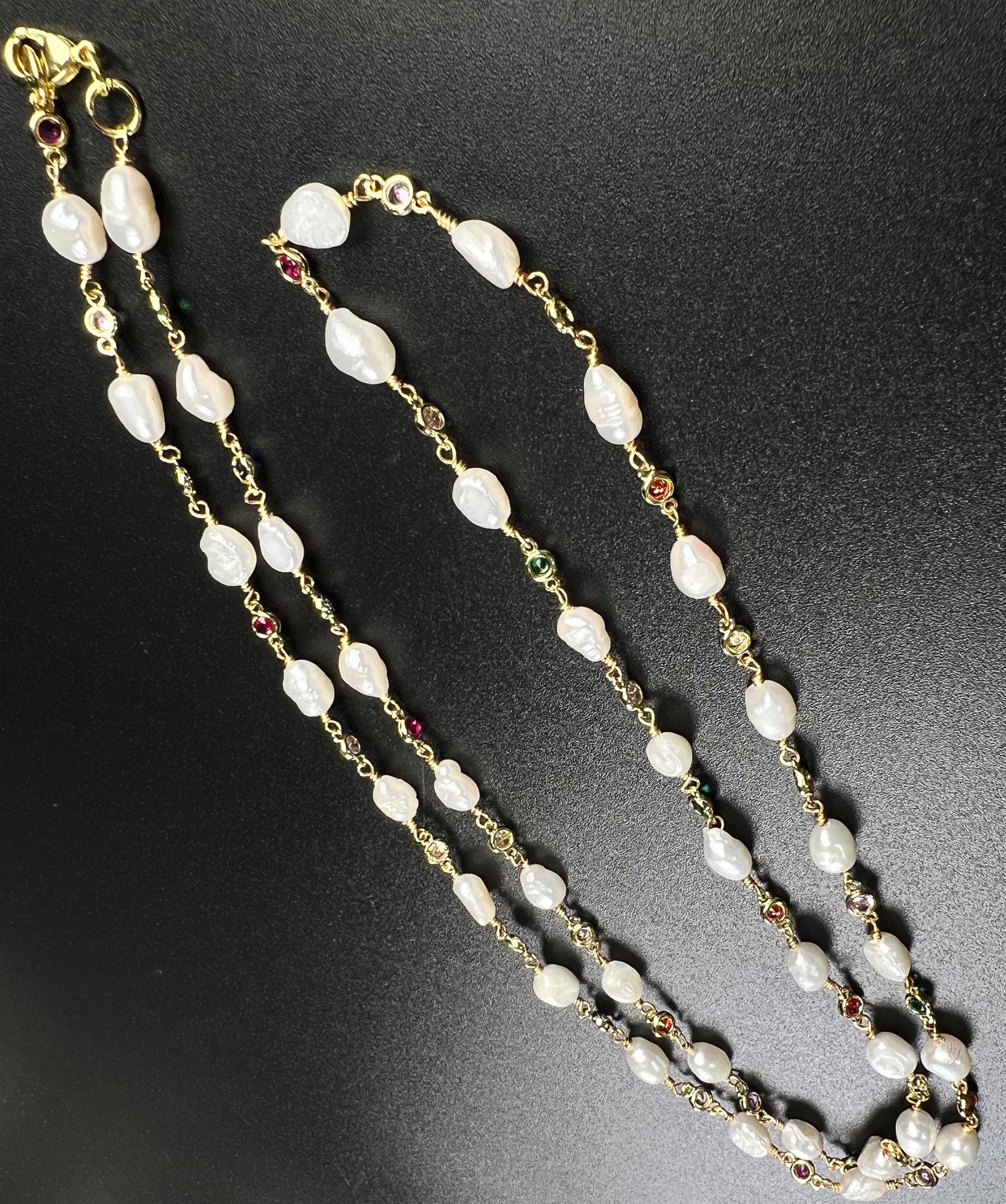 Natural Freshwater Pearl with ruby emerald Amethyst CZ diamond Spacer handmade 18k gold vermeil necklace