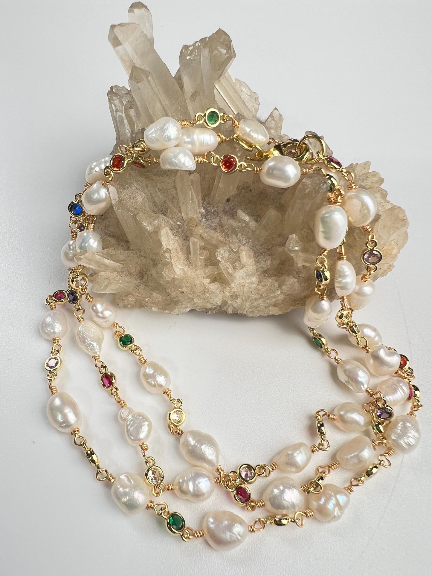 Natural Freshwater Pearl with ruby emerald Amethyst CZ diamond Spacer handmade 18k gold vermeil necklace