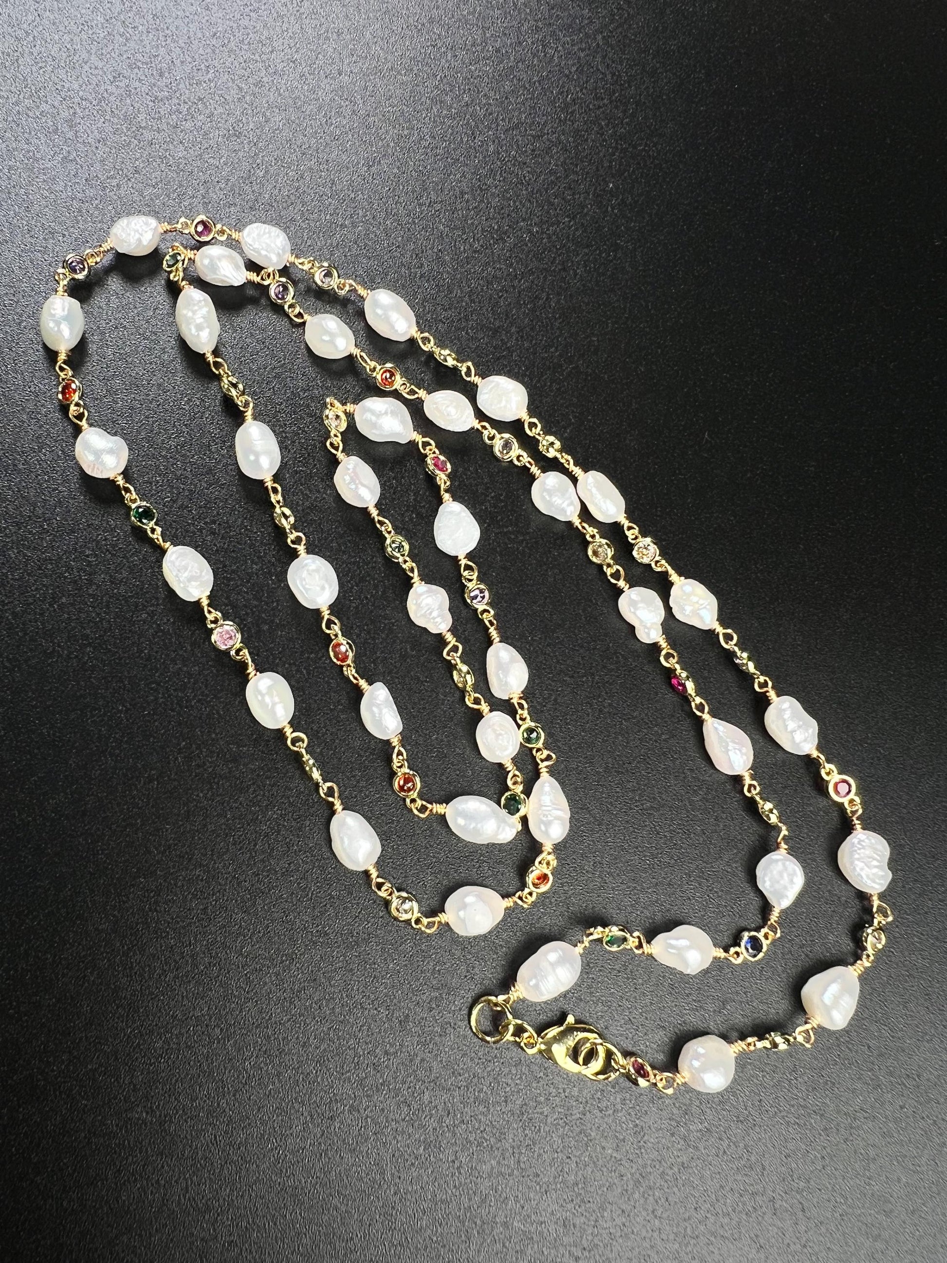 Natural Freshwater Pearl with ruby emerald Amethyst CZ diamond Spacer handmade 18k gold vermeil necklace