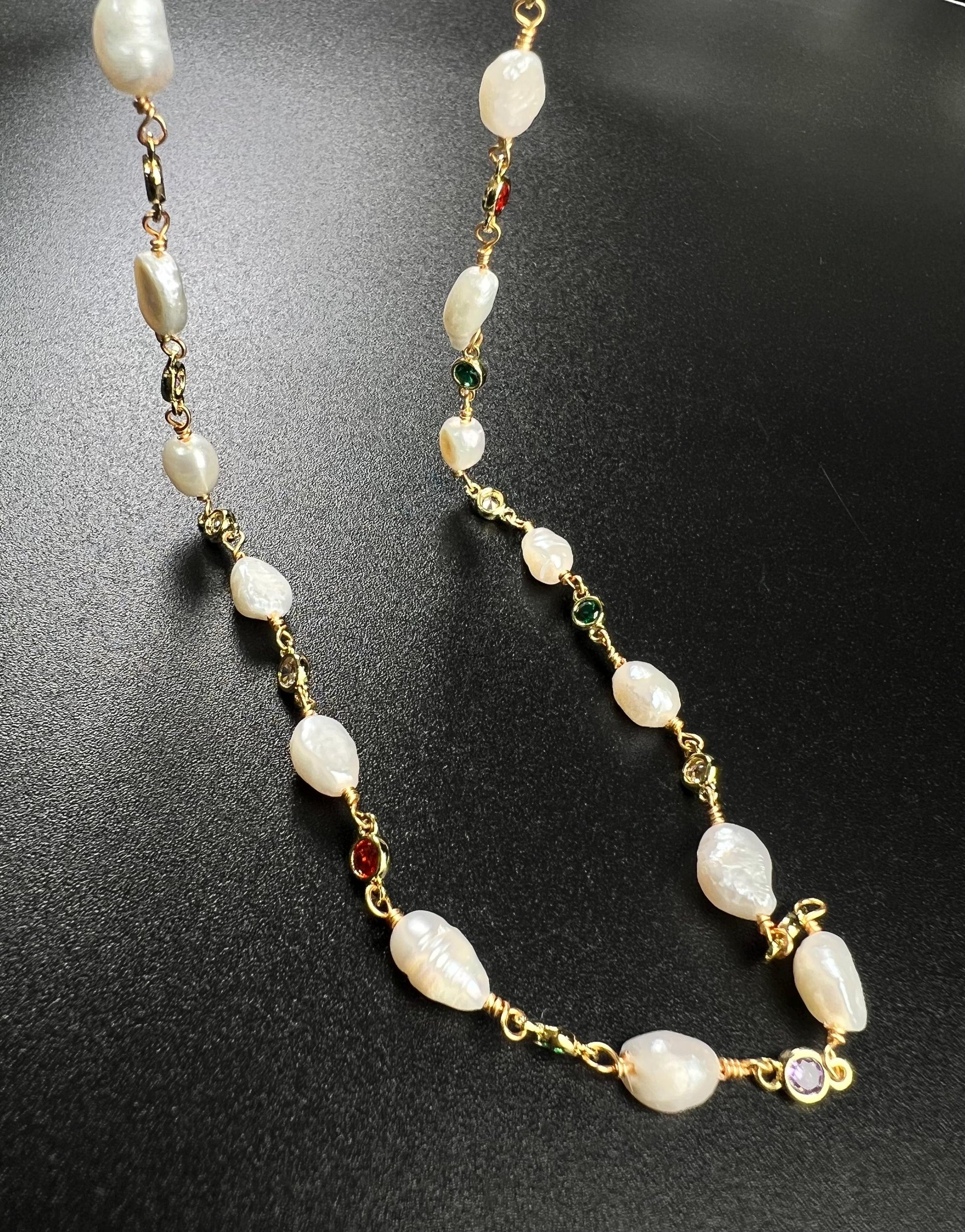 Natural Freshwater Pearl with ruby emerald Amethyst CZ diamond Spacer handmade 18k gold vermeil necklace