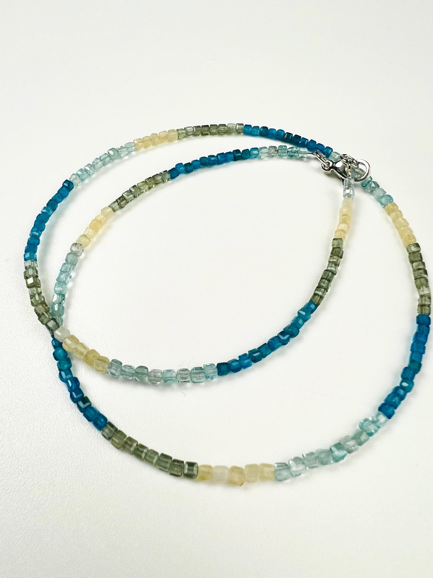 Natural Apatite squares Cube Micro Faceted beaded Sterling Silver necklace