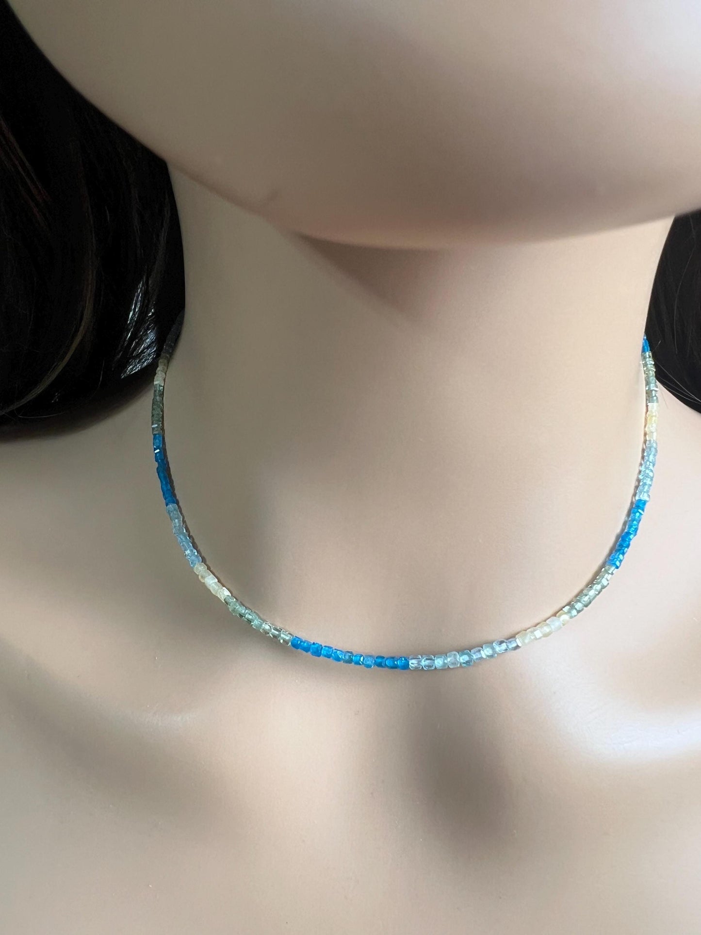Natural Apatite squares Cube Micro Faceted beaded Sterling Silver necklace