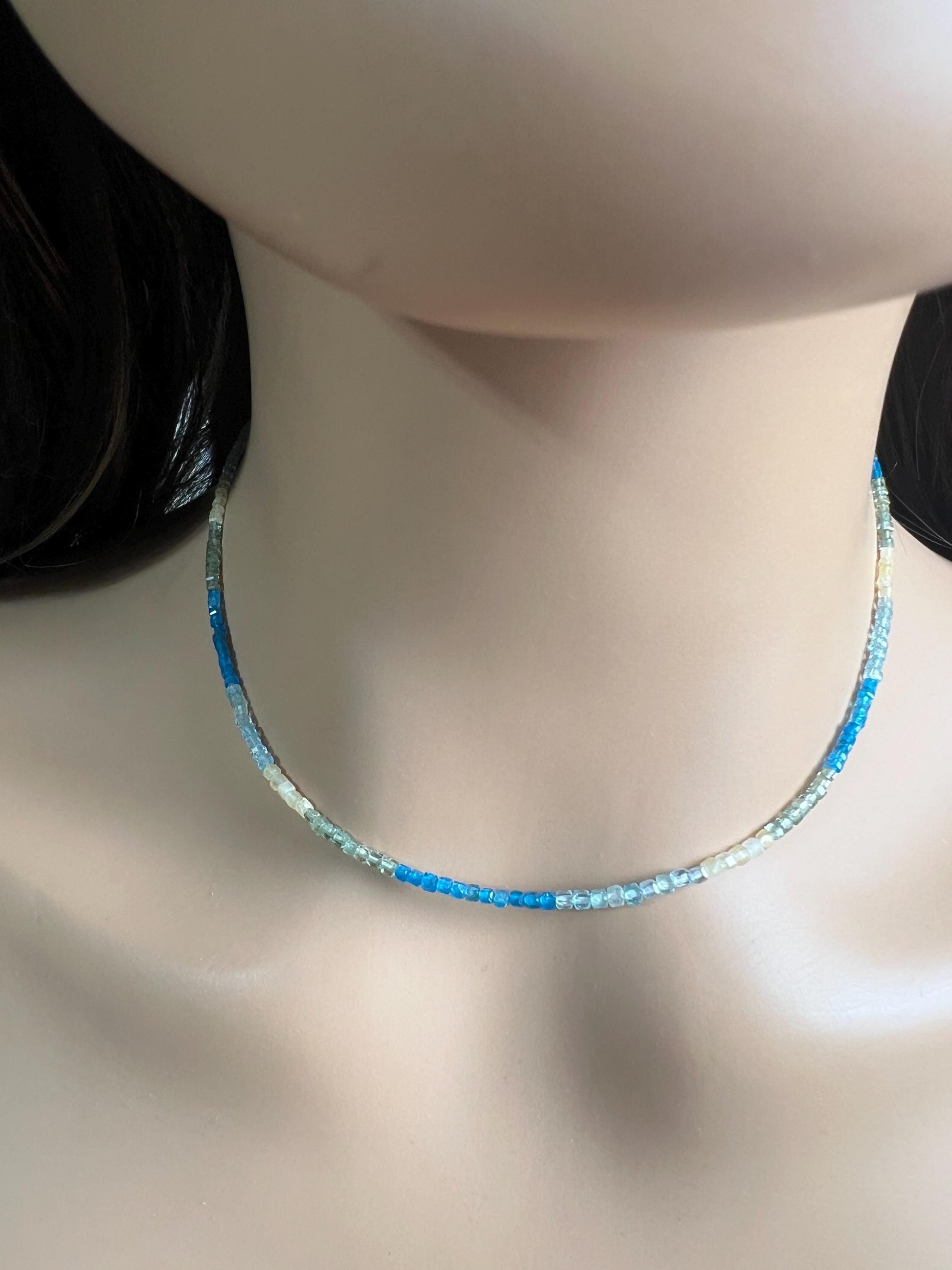 Natural Apatite squares Cube Micro Faceted beaded Sterling Silver necklace