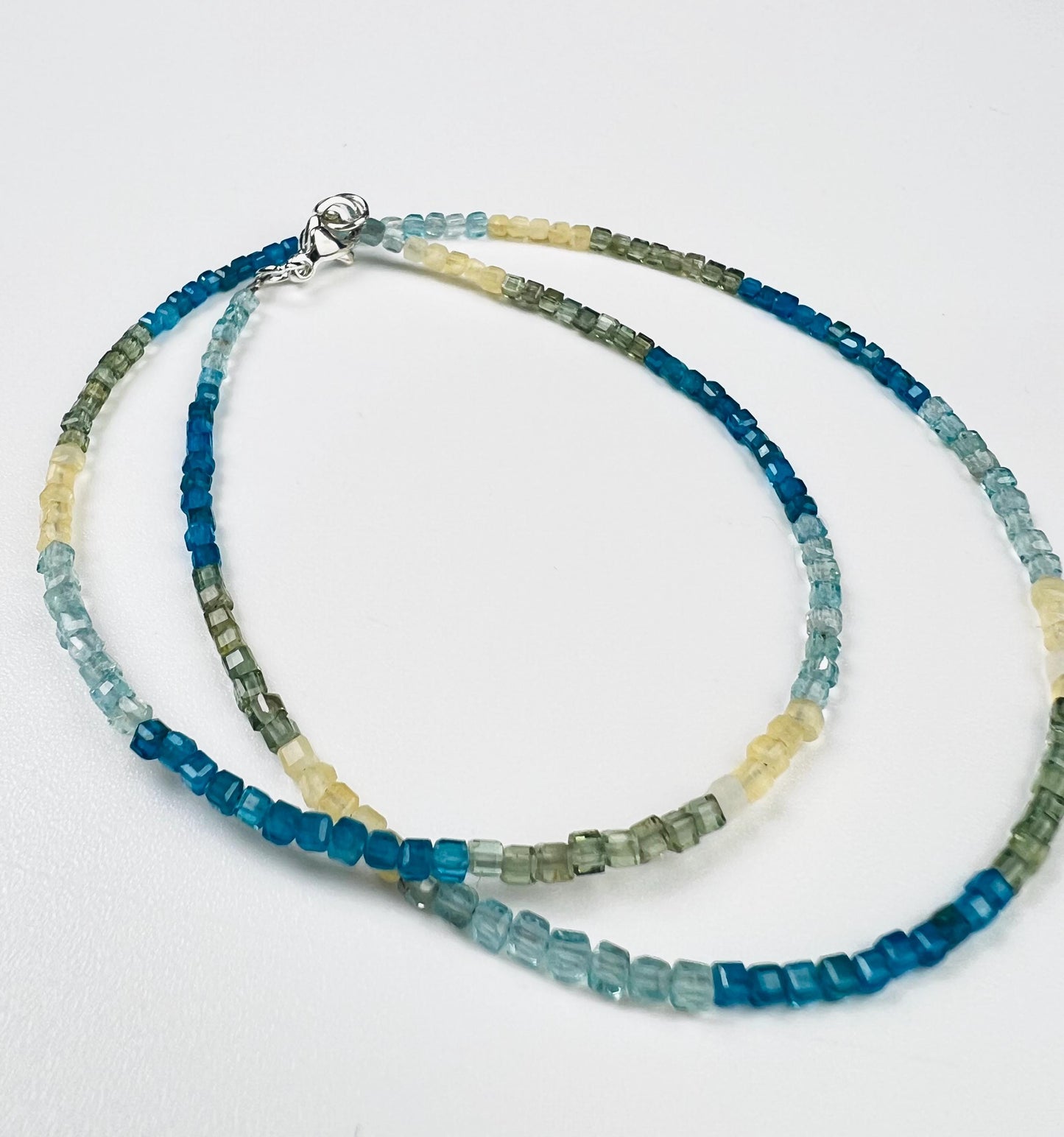 Natural Apatite squares Cube Micro Faceted beaded Sterling Silver necklace