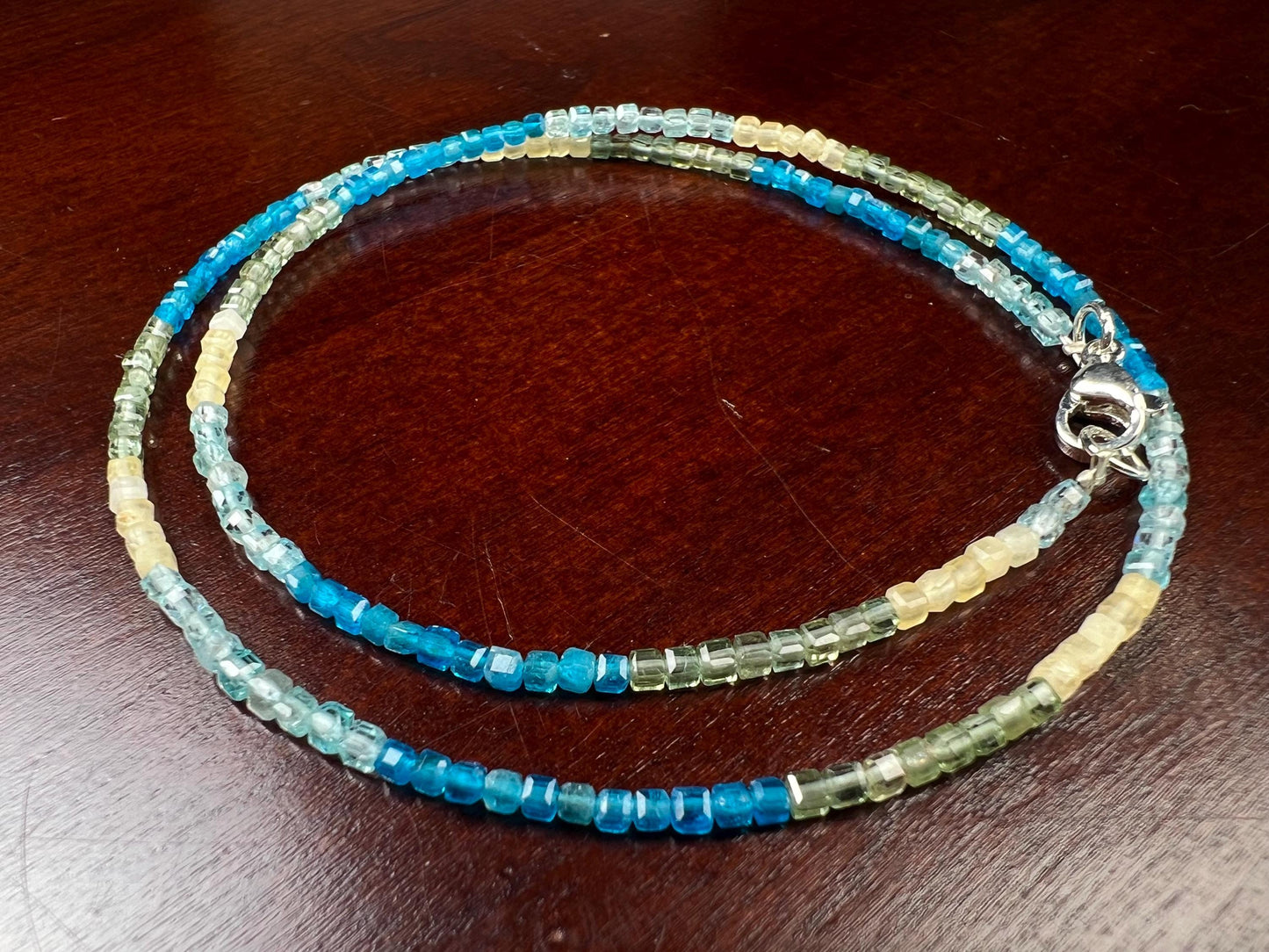 Natural Apatite squares Cube Micro Faceted beaded Sterling Silver necklace