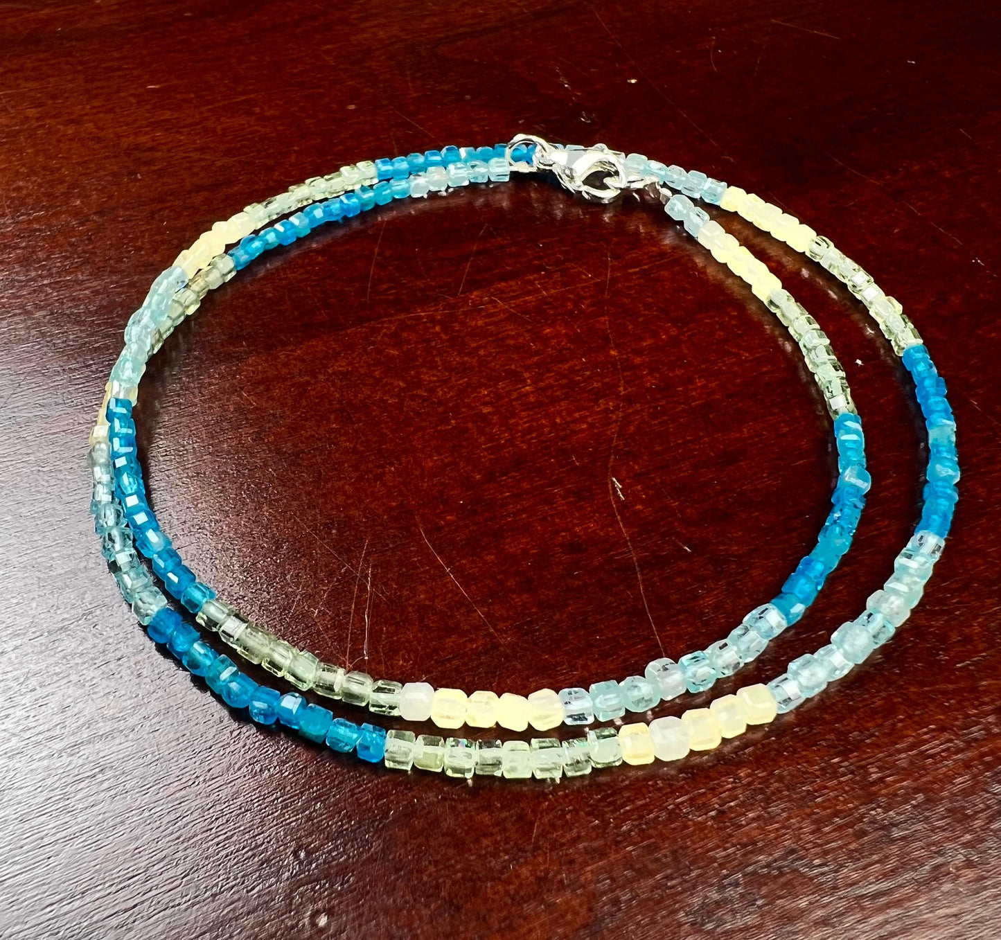 Natural Apatite squares Cube Micro Faceted beaded Sterling Silver necklace