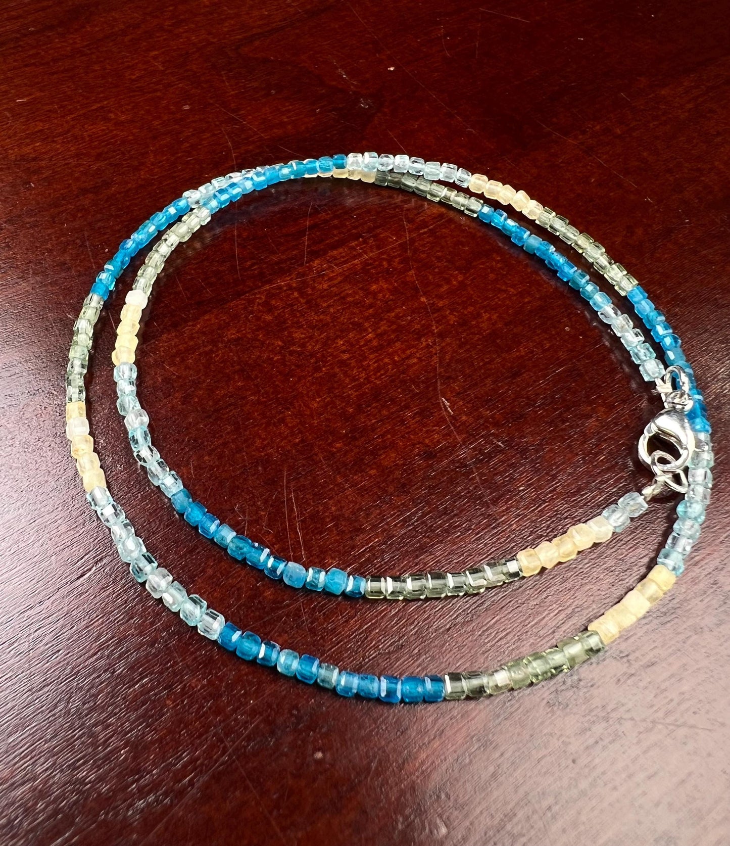 Natural Apatite squares Cube Micro Faceted beaded Sterling Silver necklace