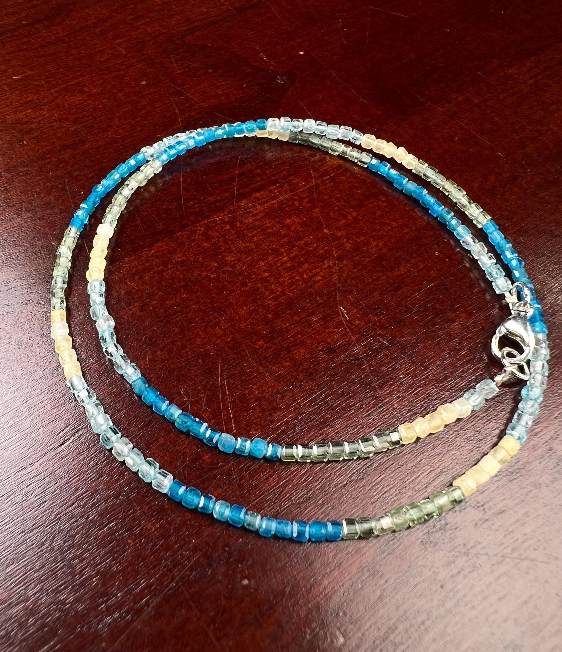 Natural Apatite squares Cube Micro Faceted beaded Sterling Silver necklace