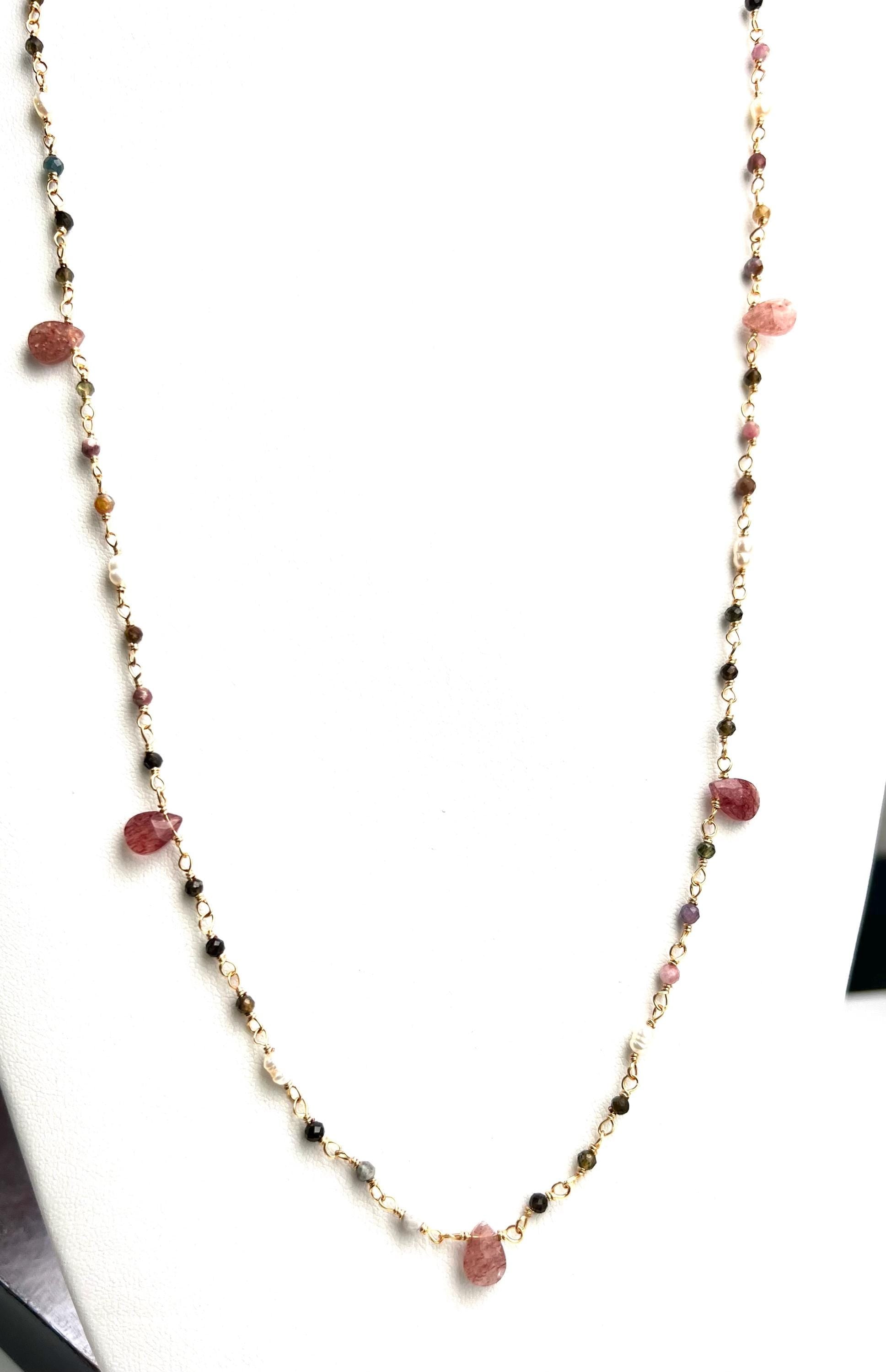 Natural Tourmaline freshwater pearl and natural Strawberry Quartz handmade Necklace , 18k gold vermeil ,Valentine Gift,