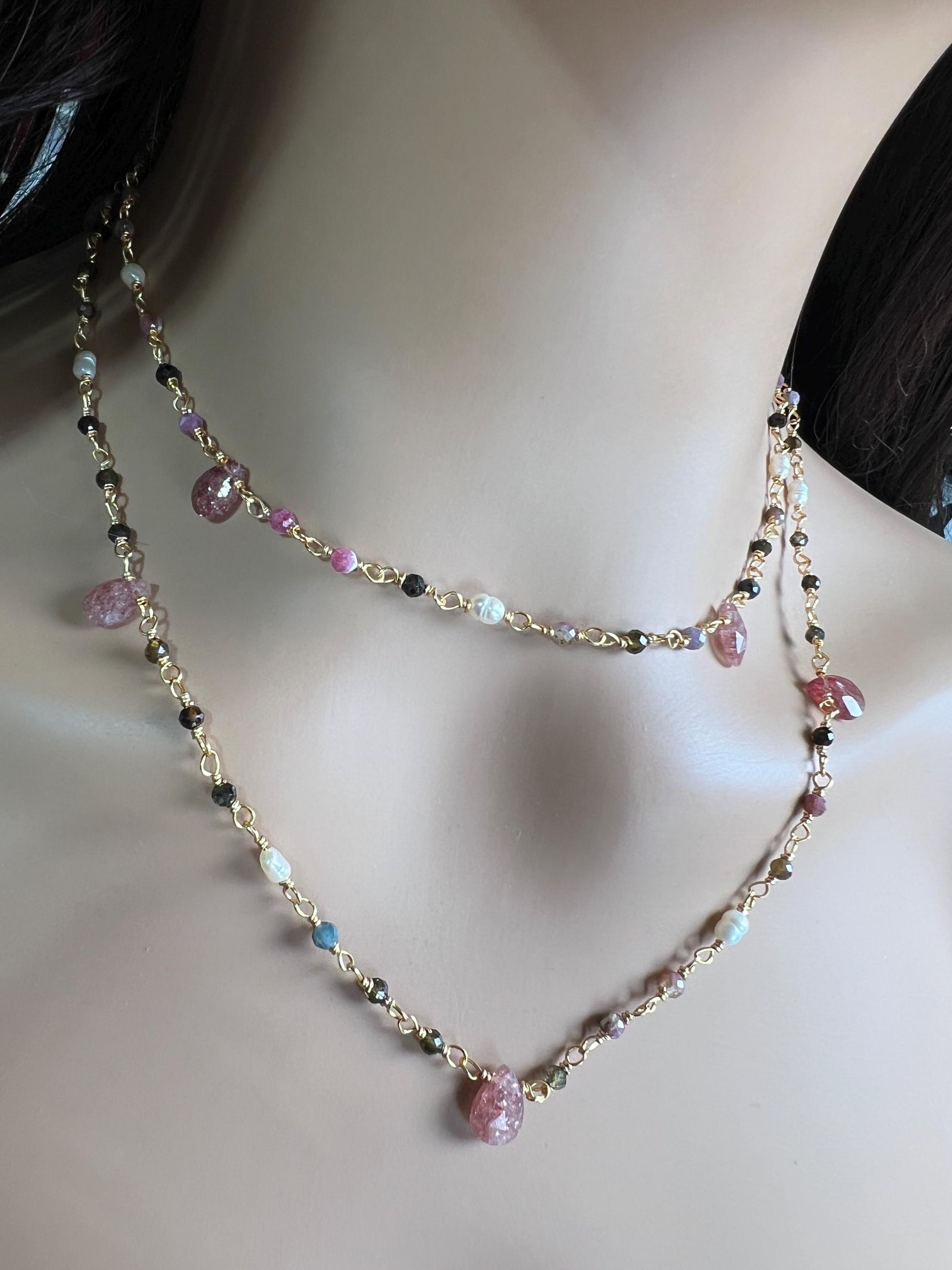 Natural Tourmaline freshwater pearl and natural Strawberry Quartz handmade Necklace , 18k gold vermeil ,Valentine Gift,