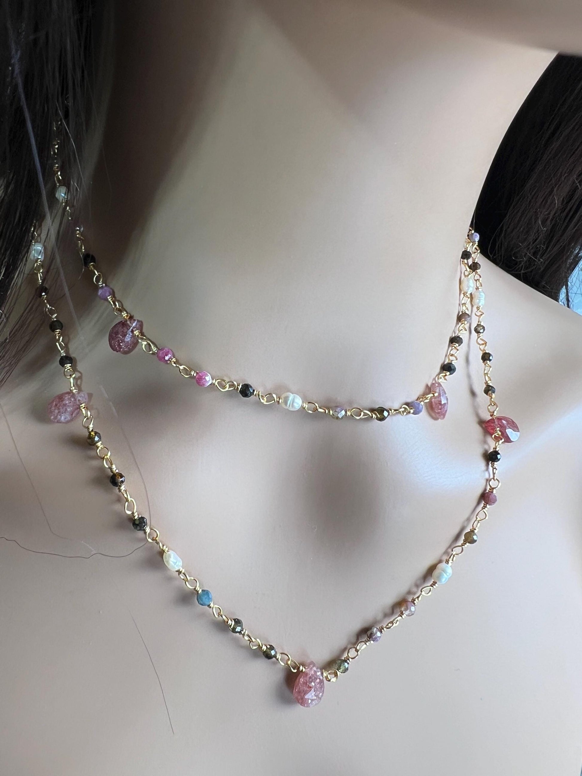 Natural Tourmaline freshwater pearl and natural Strawberry Quartz handmade Necklace , 18k gold vermeil ,Valentine Gift,