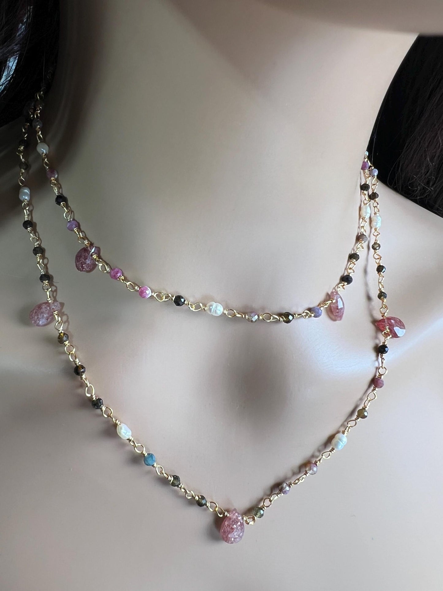 Natural Tourmaline freshwater pearl and natural Strawberry Quartz handmade Necklace , 18k gold vermeil ,Valentine Gift,