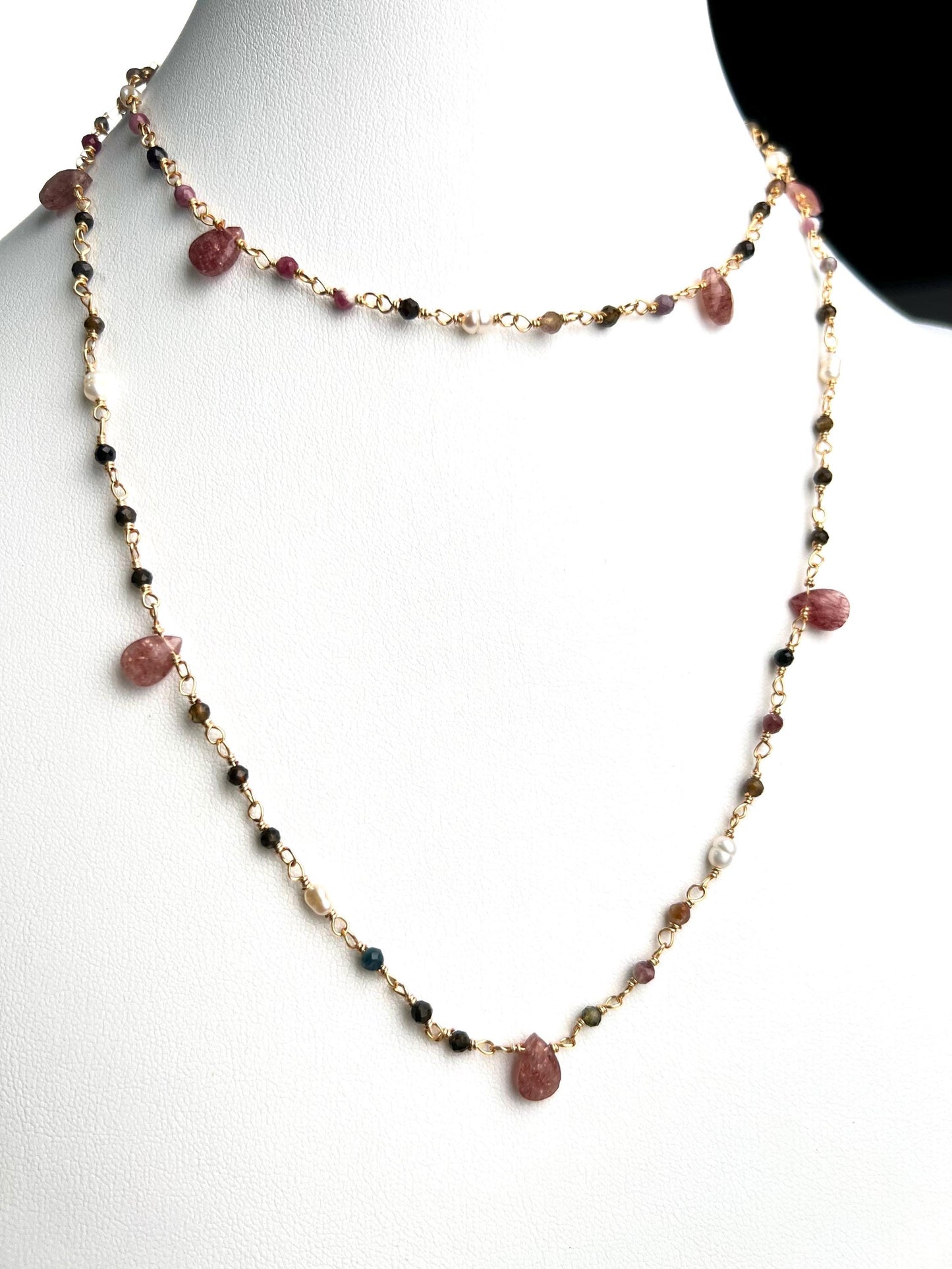 Natural Tourmaline freshwater pearl and natural Strawberry Quartz handmade Necklace , 18k gold vermeil ,Valentine Gift,