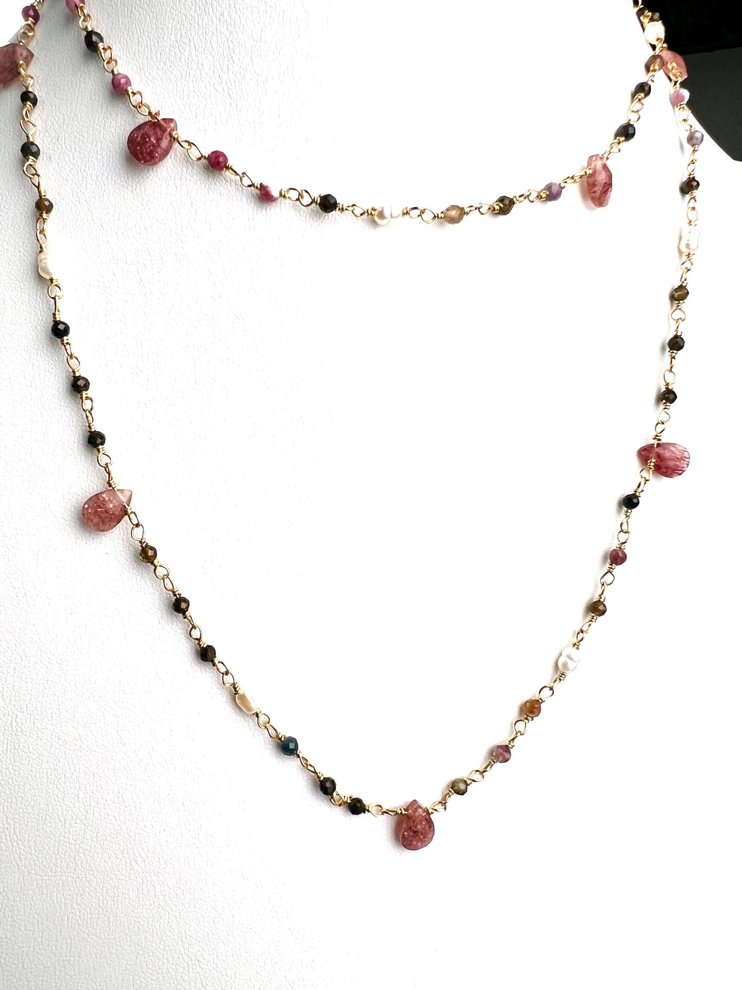 Natural Tourmaline freshwater pearl and natural Strawberry Quartz handmade Necklace , 18k gold vermeil ,Valentine Gift,
