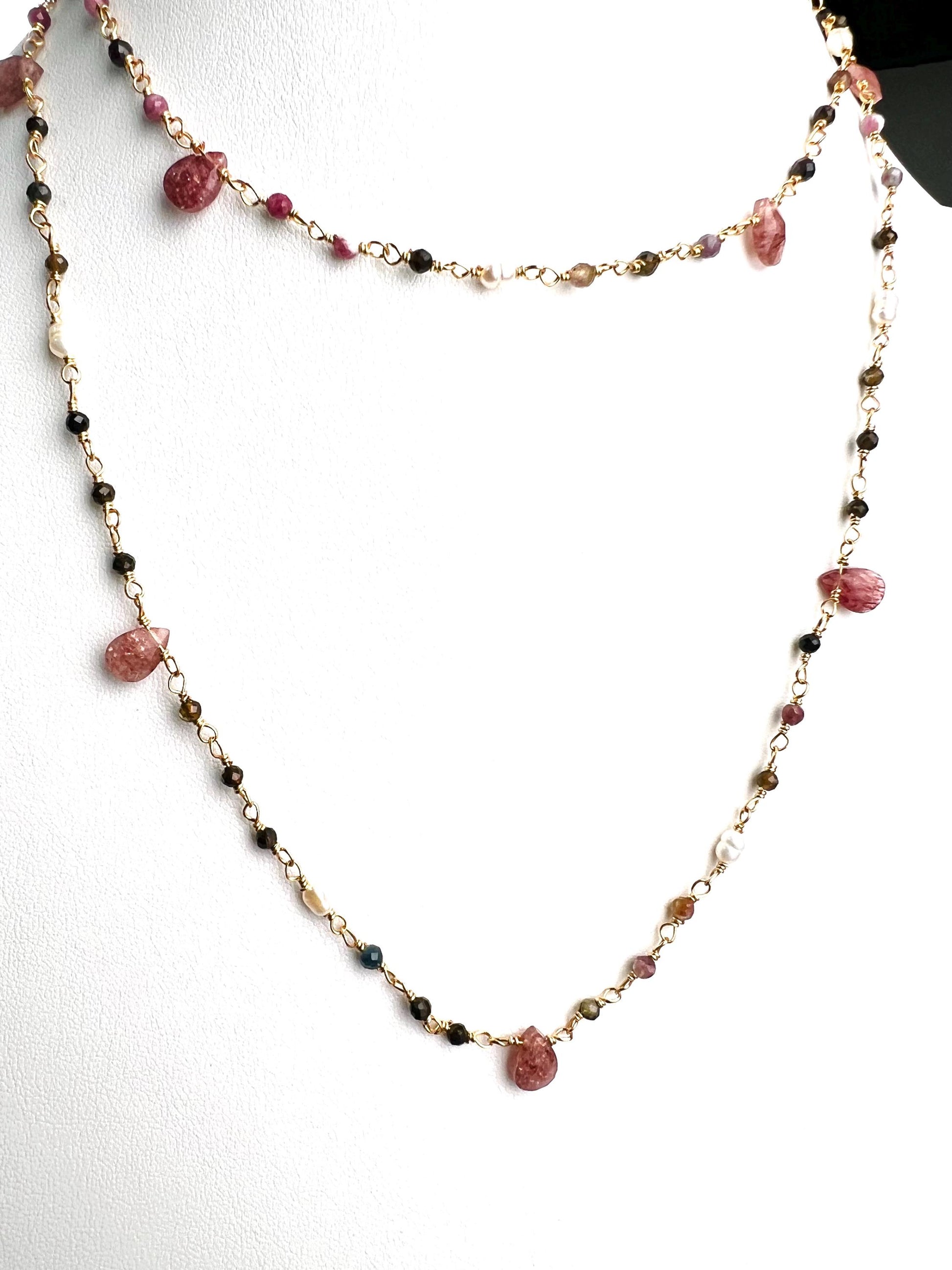 Natural Tourmaline freshwater pearl and natural Strawberry Quartz handmade Necklace , 18k gold vermeil ,Valentine Gift,