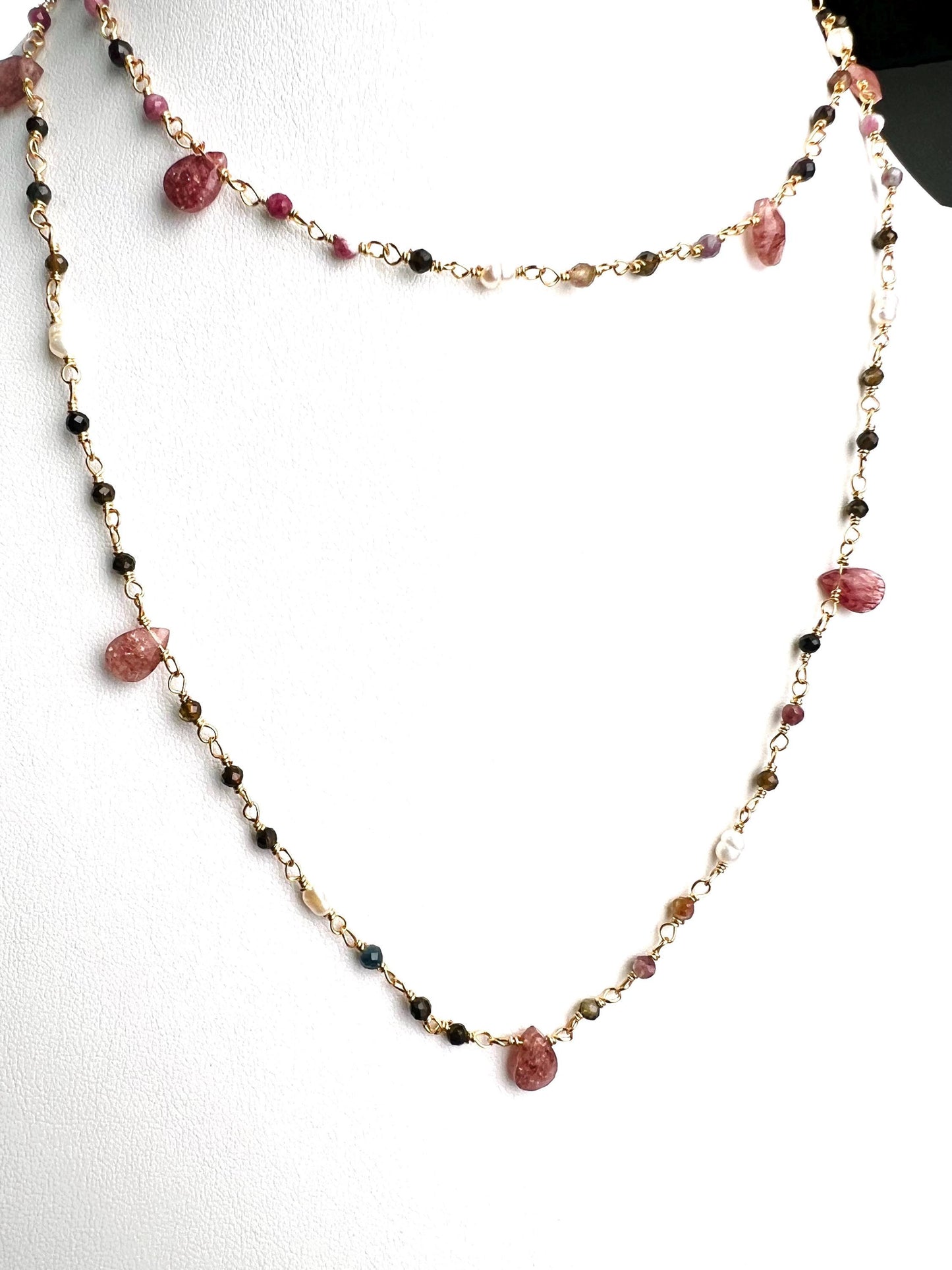 Natural Tourmaline freshwater pearl and natural Strawberry Quartz handmade Necklace , 18k gold vermeil ,Valentine Gift,