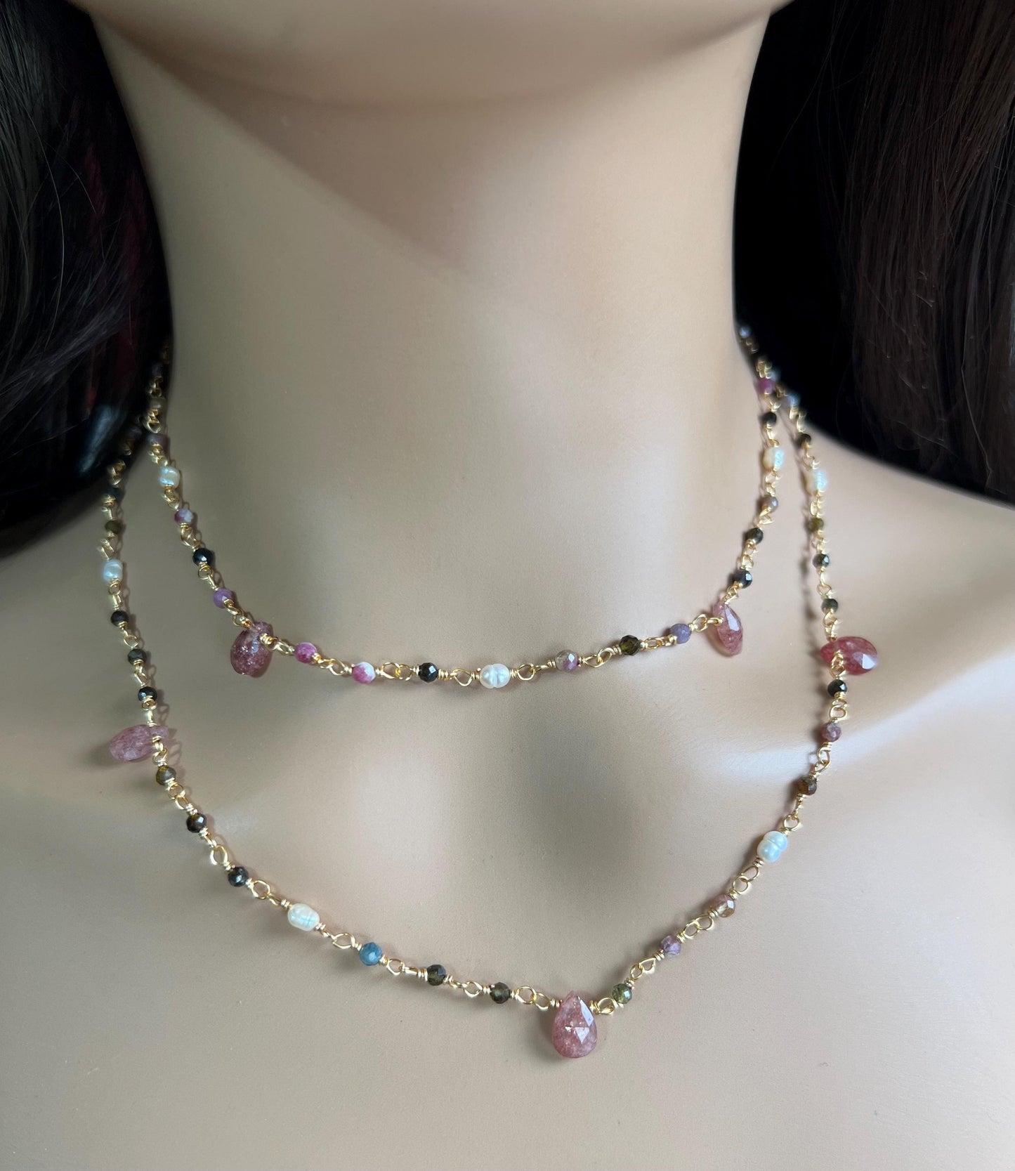 Natural Tourmaline freshwater pearl and natural Strawberry Quartz handmade Necklace , 18k gold vermeil ,Valentine Gift,