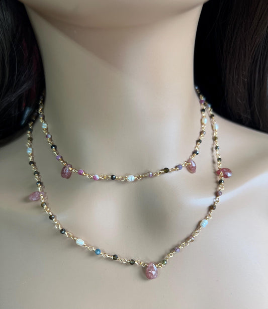 Natural Tourmaline freshwater pearl and natural Strawberry Quartz handmade Necklace , 18k gold vermeil ,Valentine Gift,